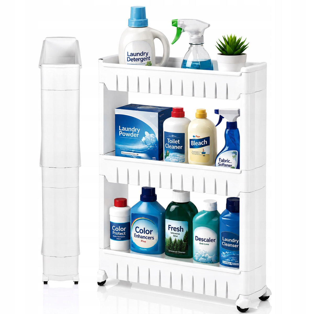 Narrow mobile bathroom shelf on wheels 71×54×12,5 cm white 3p