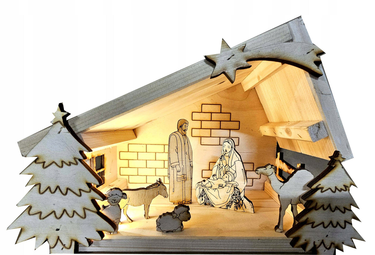 Nativity Scene, Bethlehem Wooden with Figurines LED Lighting