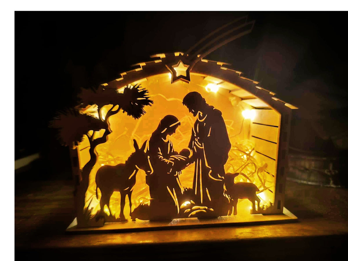 Nativity Scene Wooden Stable Illuminated Christmas Ornament Packaging status original