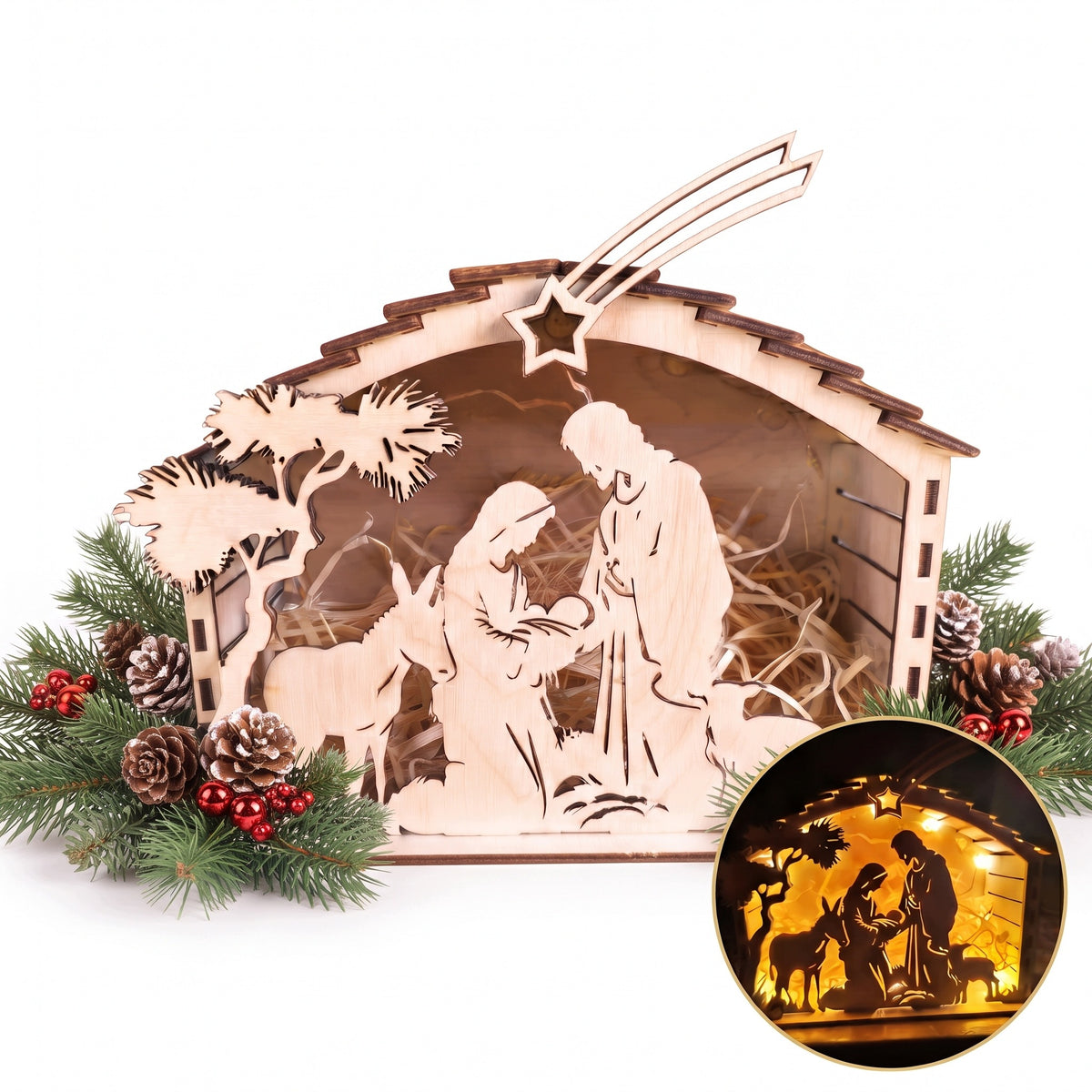 Nativity Scene Wooden Stable Illuminated Christmas Ornament