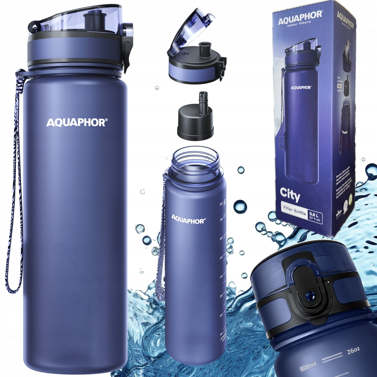 Navy blue large water filter bottle 0,8 L + filter AQUAPHOR CITY