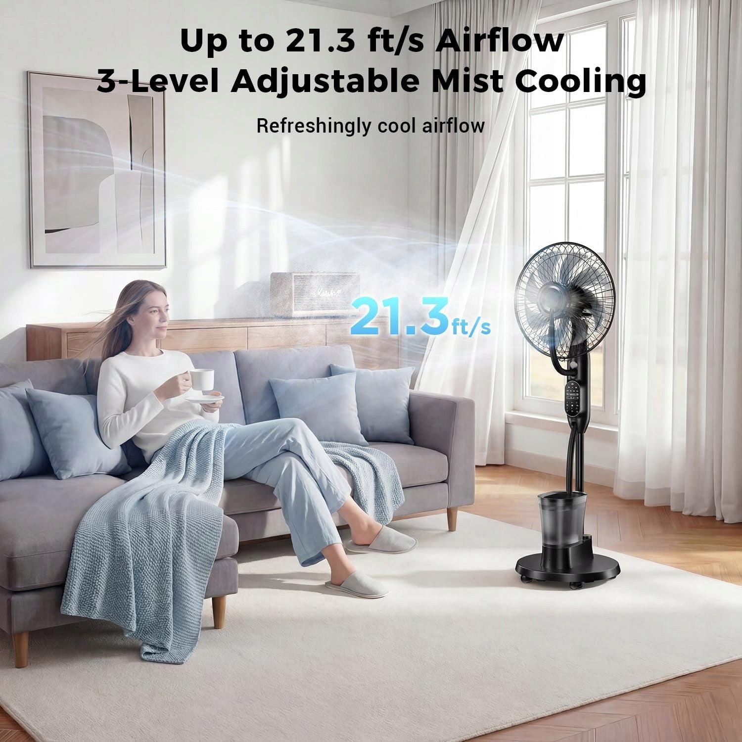 NebulaFlow Standing Fan with Water Sprinkler 9 Speeds Remote Control Black Manufacturer code MD-F869