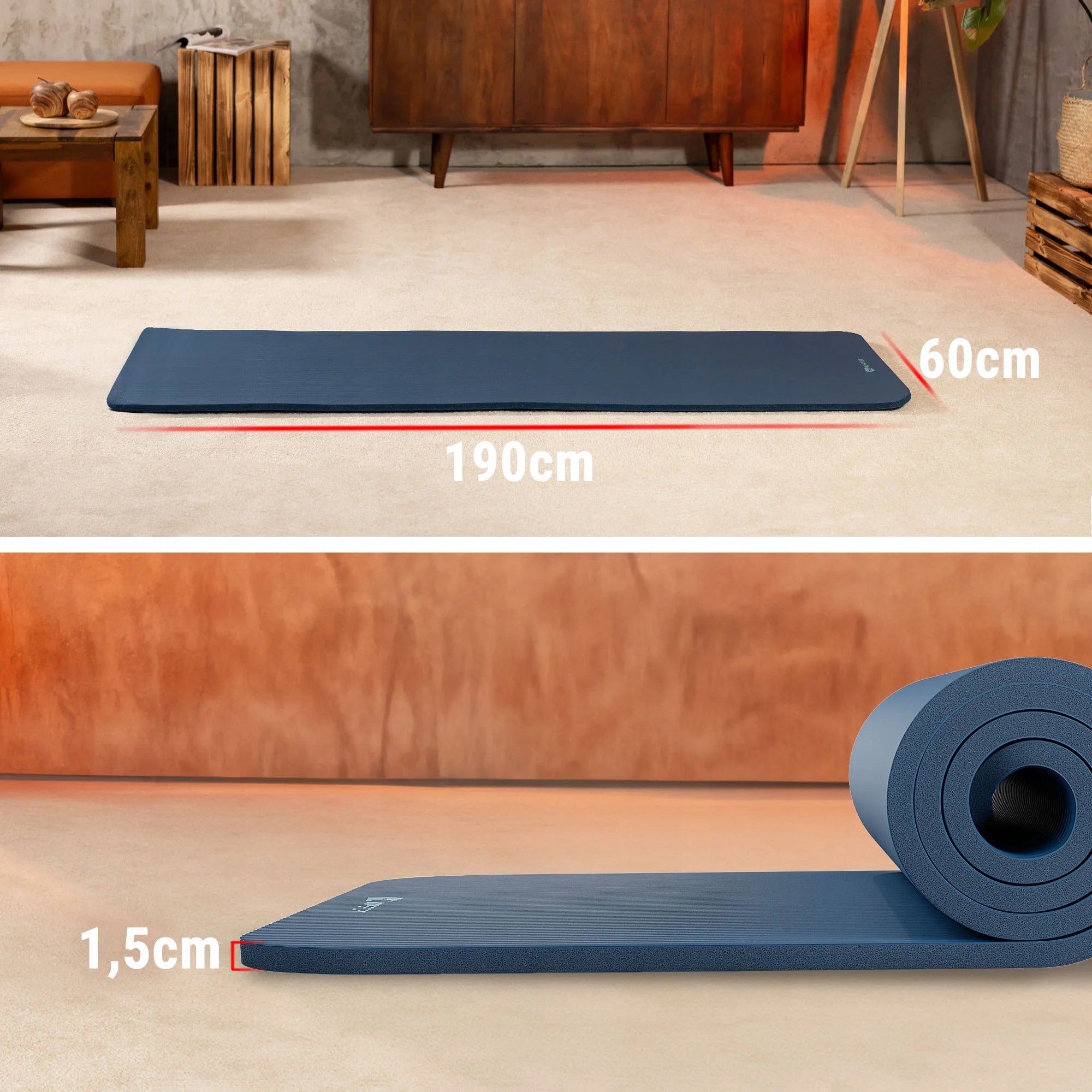 Non-slip thick fitness mat NBR 1,5cm 190x60cm for exercise Brand Hop-Sport