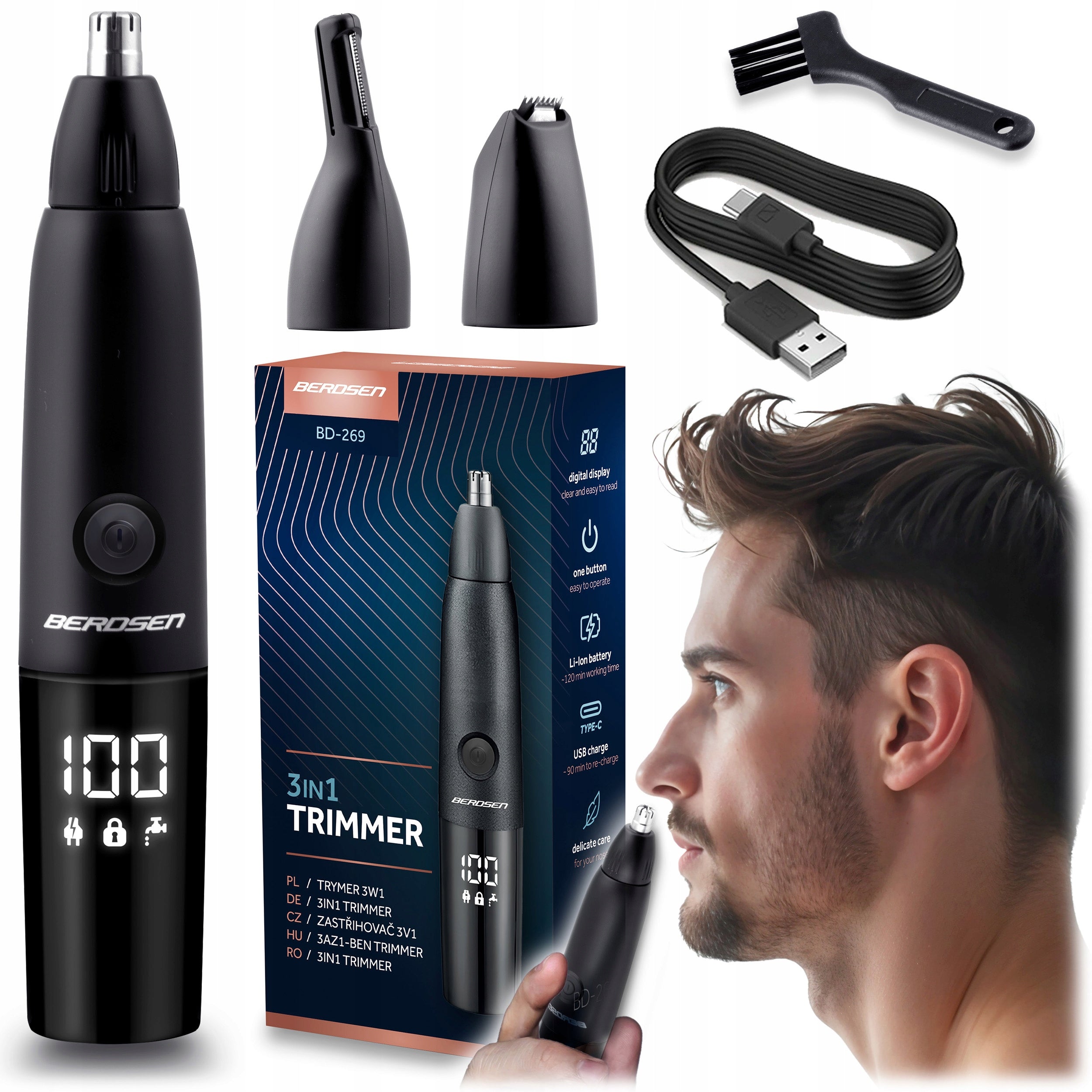 Nose and Ear Trimmer Precision Shaver 3in1 Black and Grey Berdsen