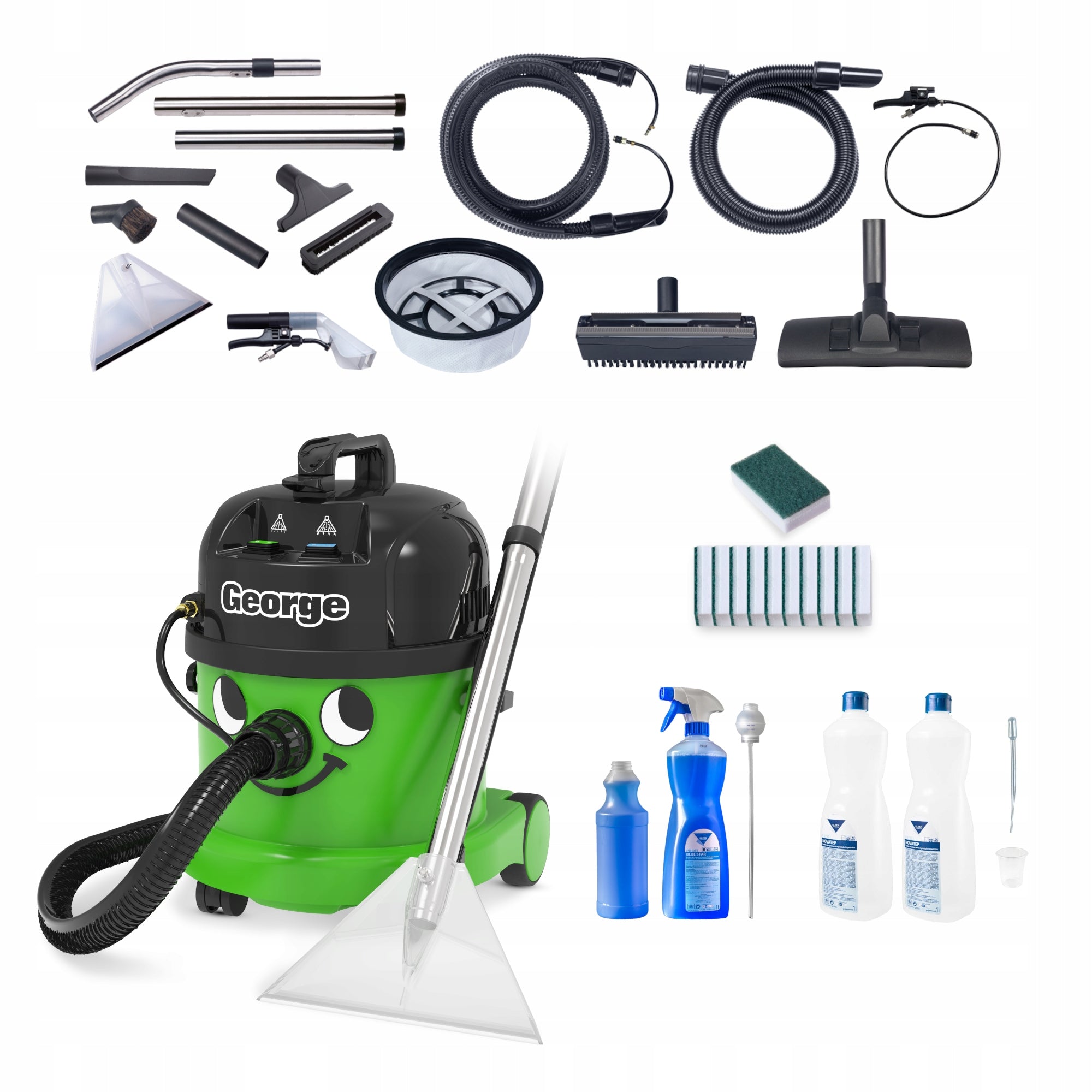 Numatic George GVE370, 2L Novatep, 1L Bue Star, sponges