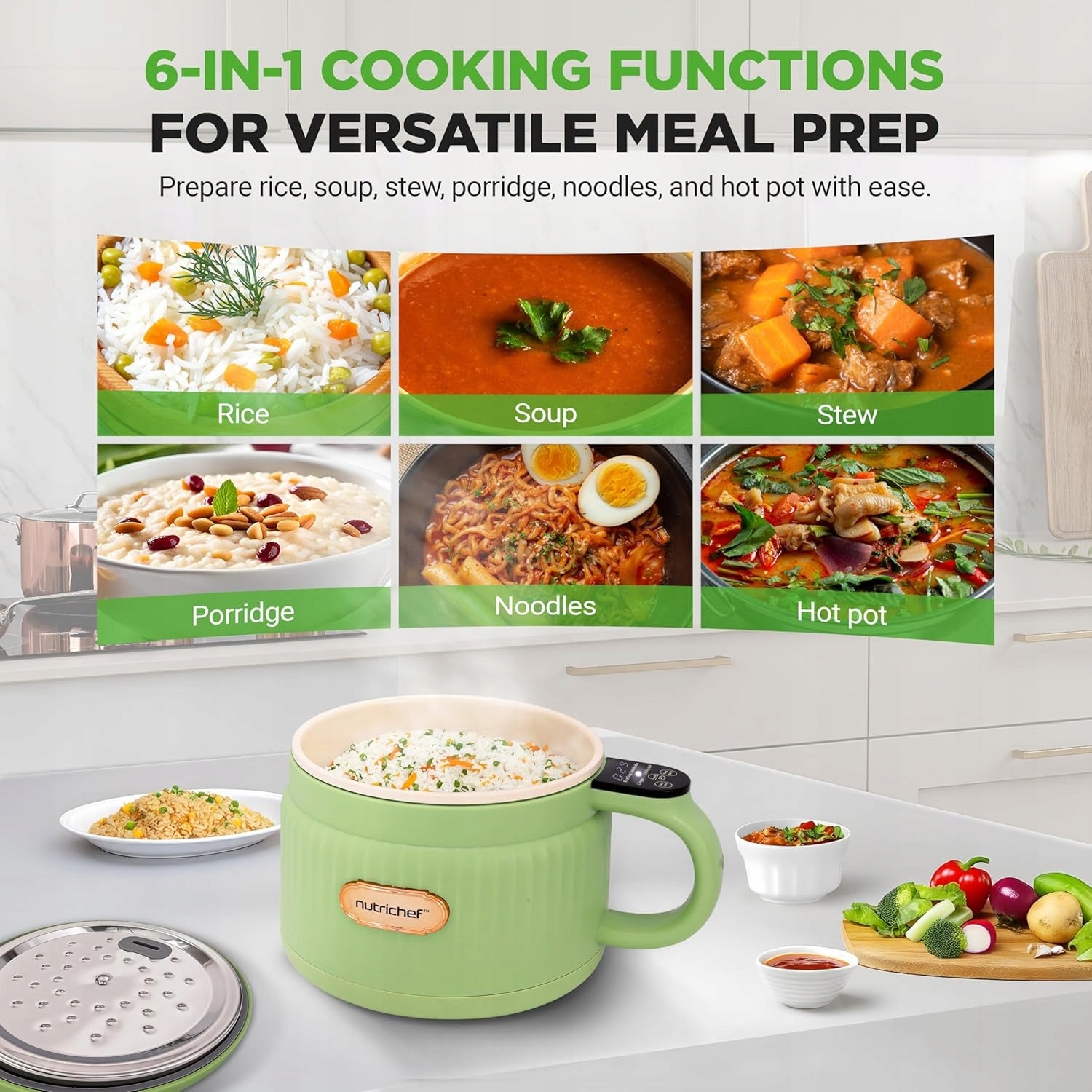 NutriChef Rice Cooker 1.6L 600W 6 programs green non-stick coating Dominant color green