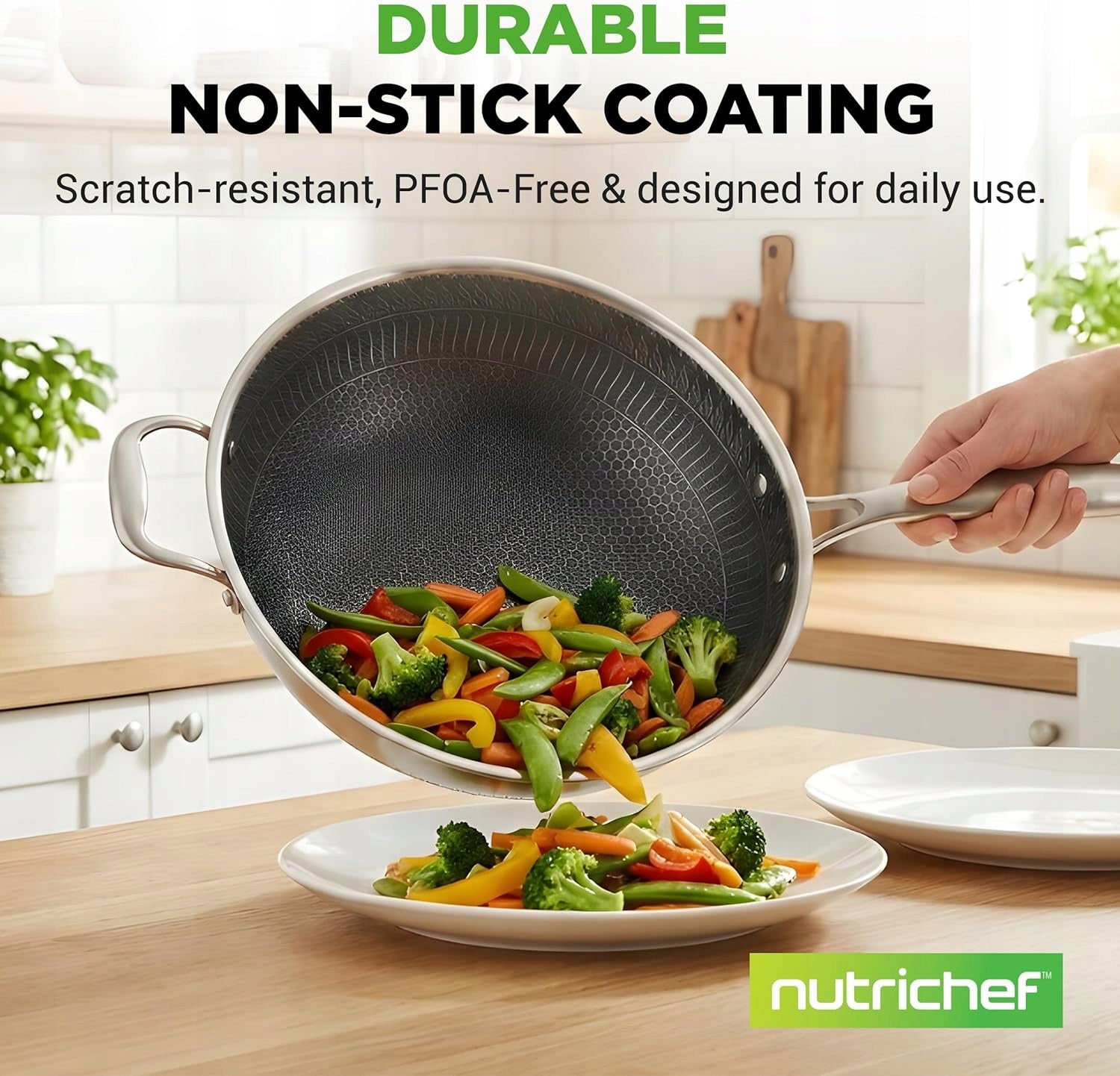 Nutrichef wok 30.5 cm stainless steel coating DAKIN with lid Diameter 30 cm
