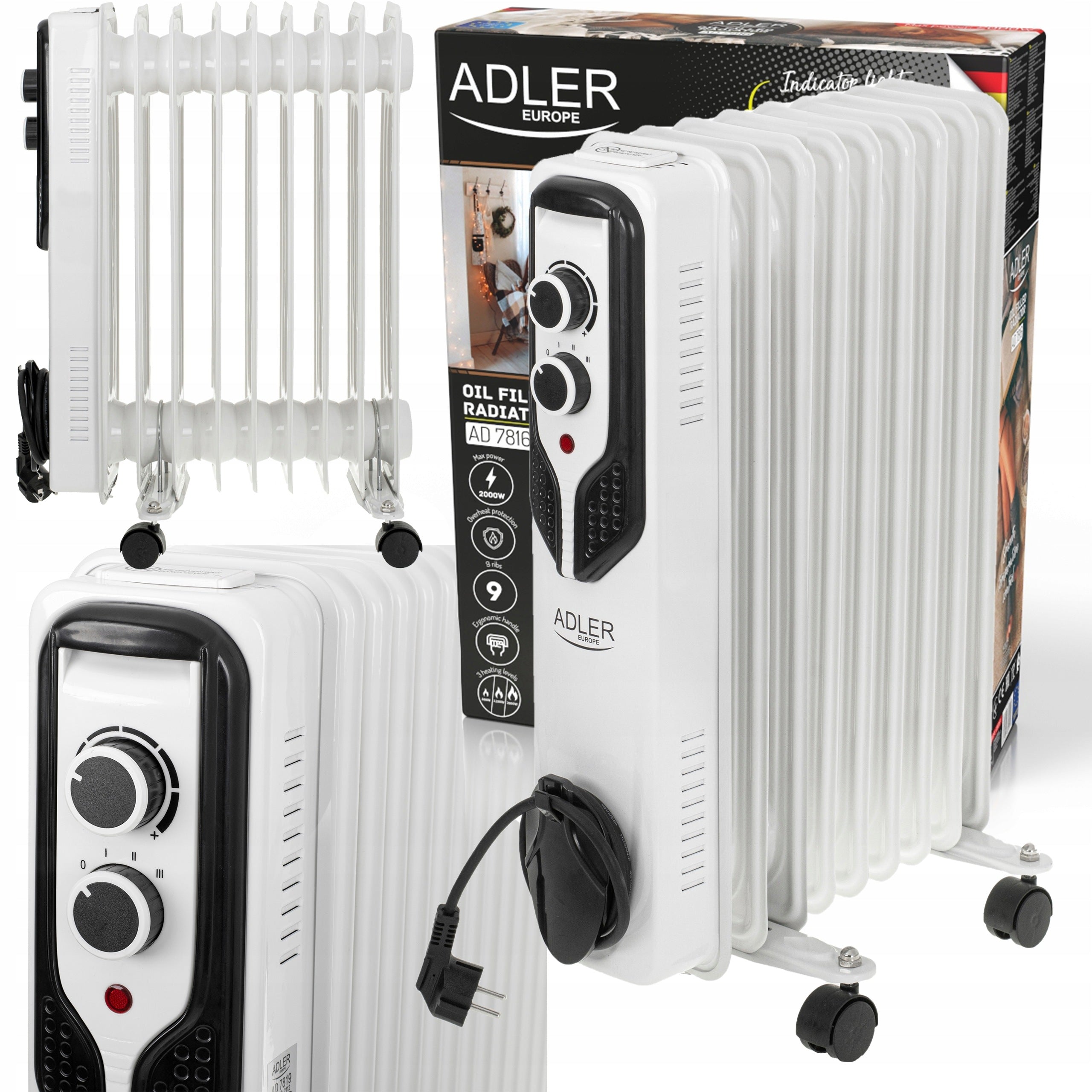 OIL HEATER ELECTRIC RADIATOR 2000W THERMOSTAT 9 RIBS 3 POWERS