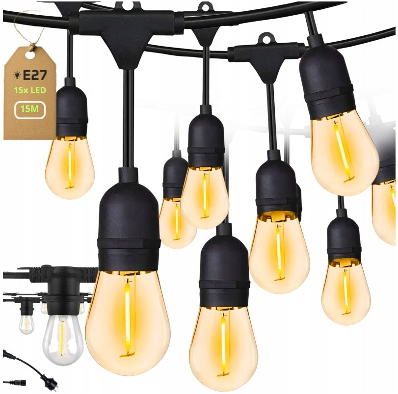 OUTDOOR BALCONY GARDEN GARLAND 15M LAMPS 15 PCS LED WARM E27