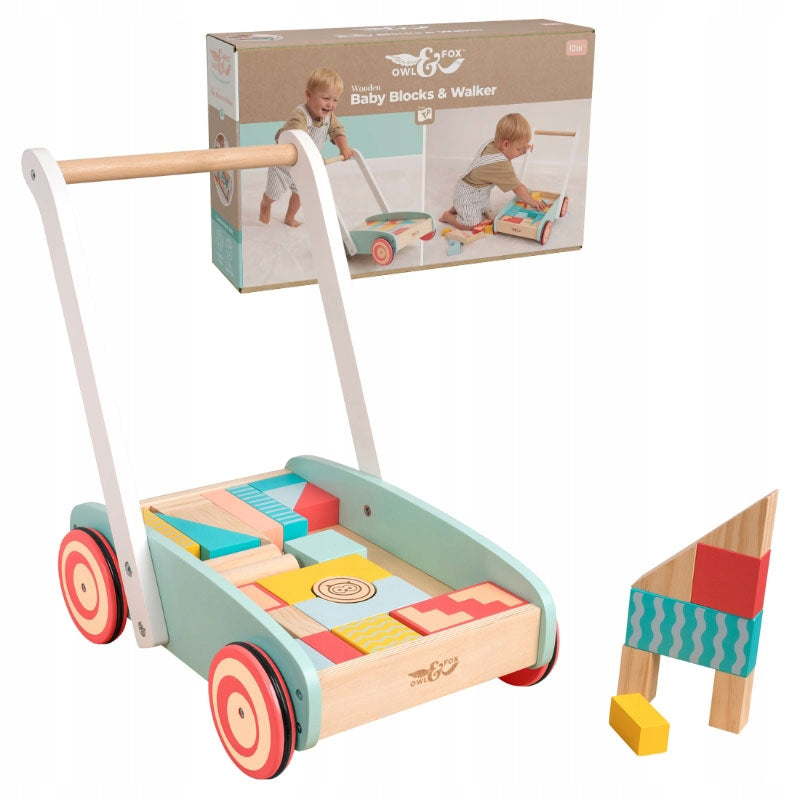 OWL & FOX BABY WALKER WOODEN RIDER WITH BLOCKS WALKER VEHICLE 12M+