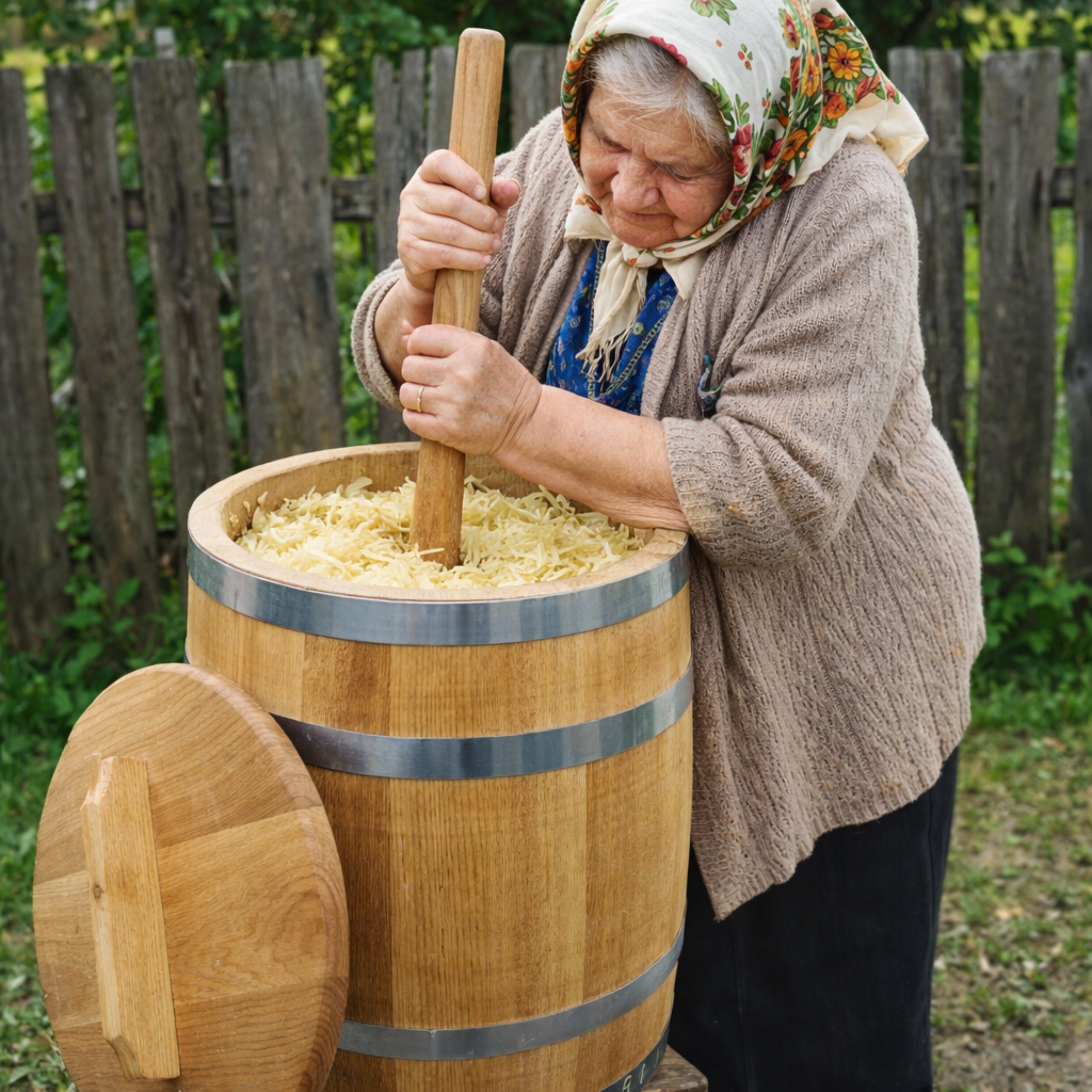 Oak barrel for pickling 30L for cabbage cucumbers with pressure and lid PZH Manufacturer code beczka debowa 30l do kiszenia kapusty ogorkow