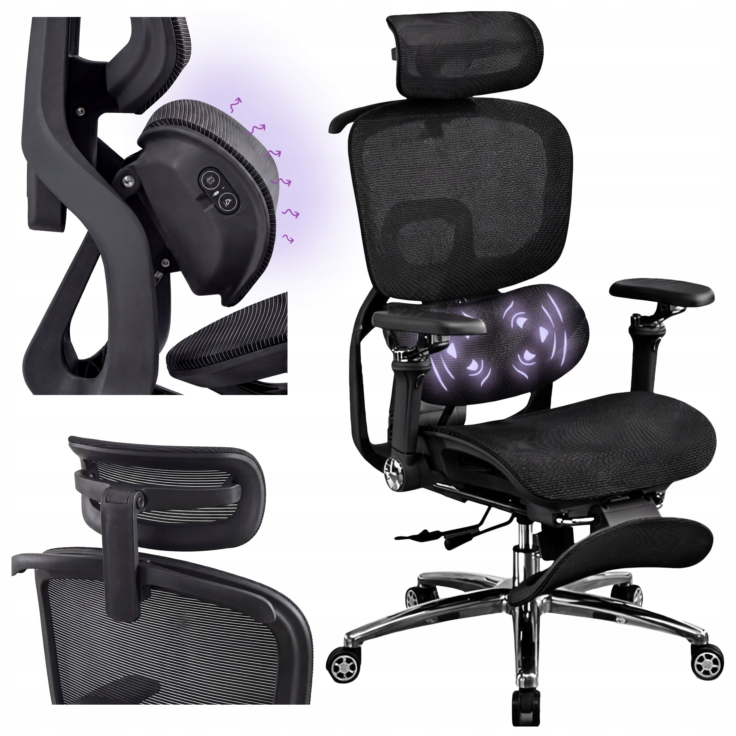 Office MASSAGE Chair Swivel Black Mesh Base Chrome Footrest