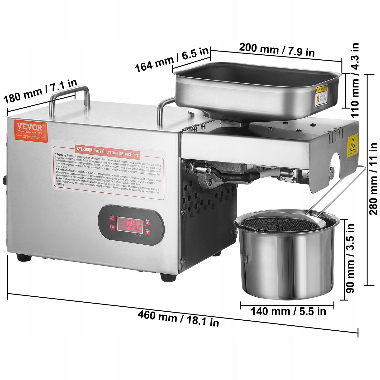 Oil Press 850W 1,5KG/H Stainless Steel Electric Oil Press Power rating 850 W