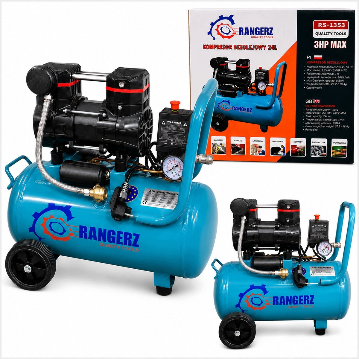 Oil-free compressor 24L 8BAR QUIET 3HP COMPRESSOR 24L EFFICIENT