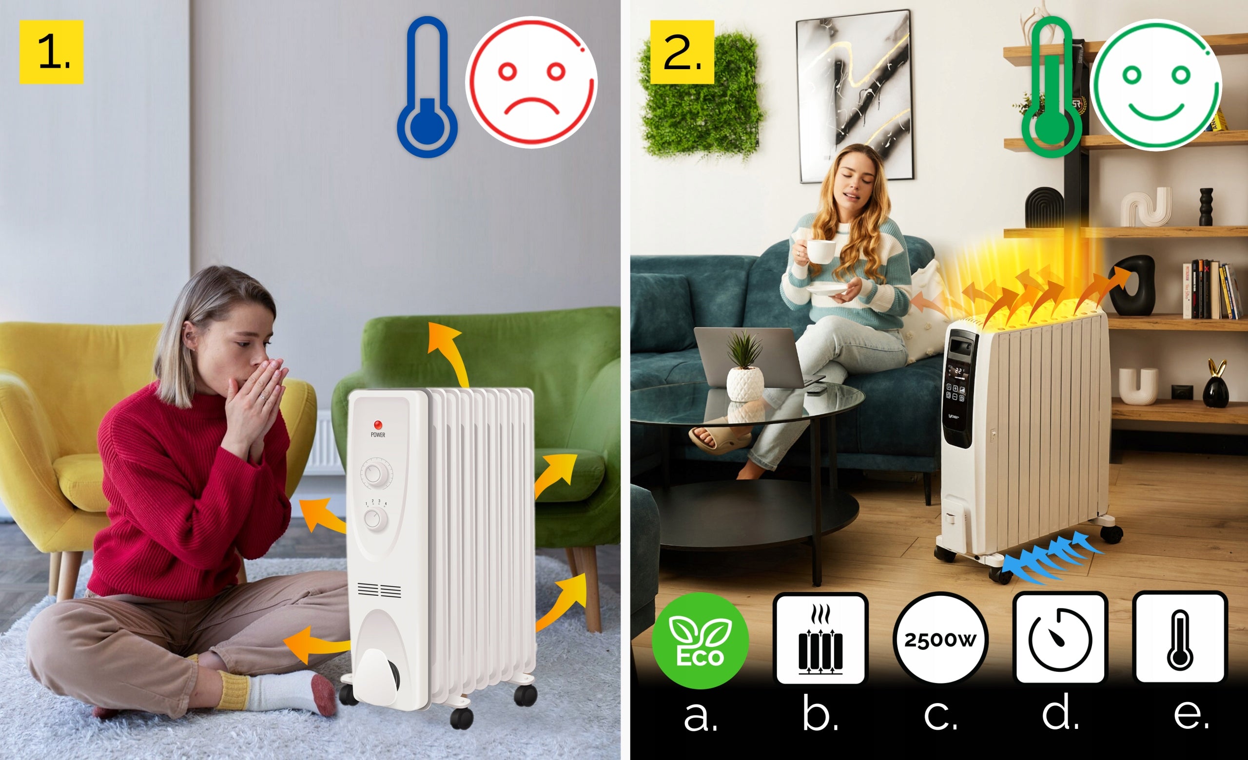 Oil heater Yoer 2500W 10 ribs +Timer +3 powers +Energy-saving mode Manufacturer code OFR1025W Grzejnik elektryczny z termostatem
