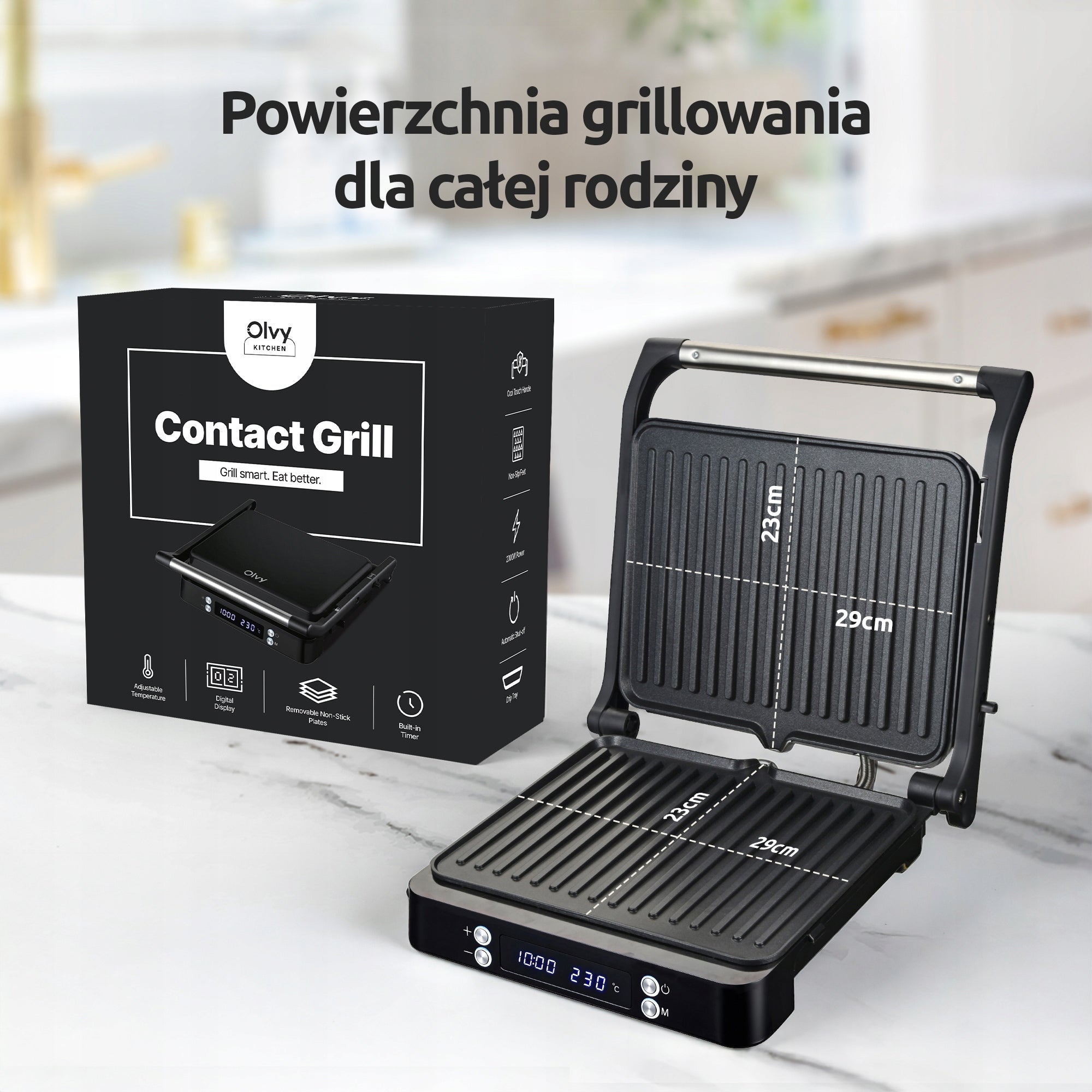 Olvy Grill Kontaktowy XL 4 Tosty z Timerem i Regulacją Temp. 2000W Packaging status original