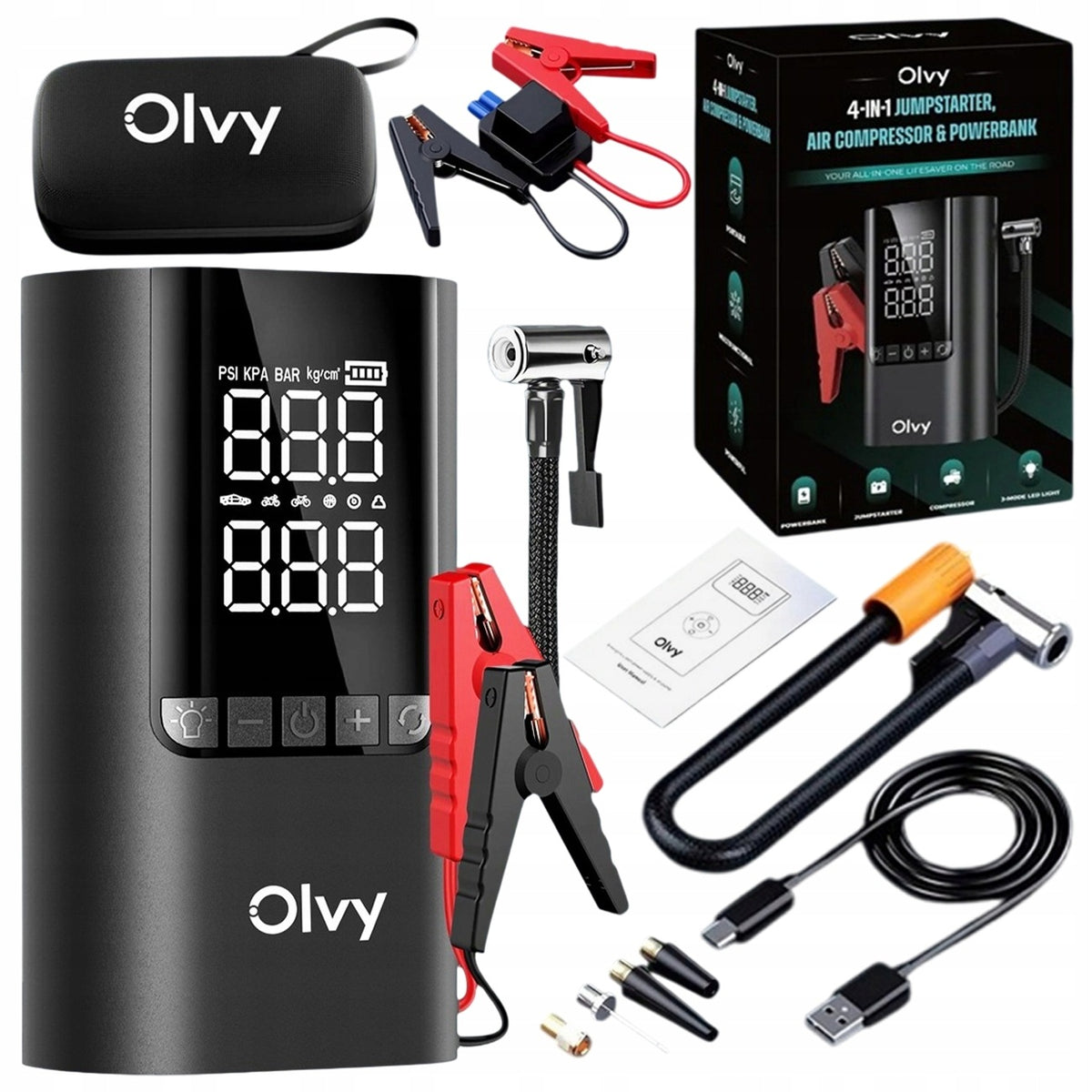 Olvy Jump Starter 12V With Air Compressor 1500A Booster 4-in-1 Power Bank