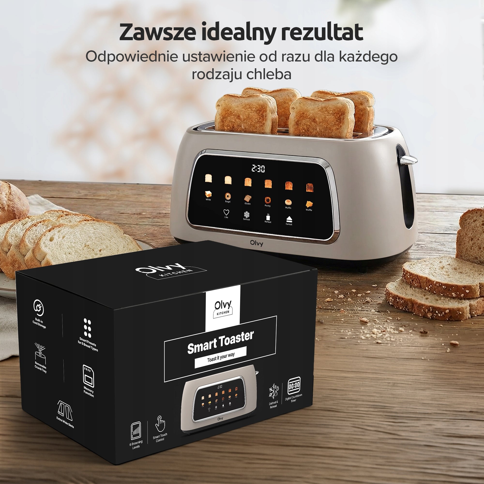 Olvy Toster XL Beige 1500W 4 Kromki 6 Poziomów Opiekania LCD Brand Olvy