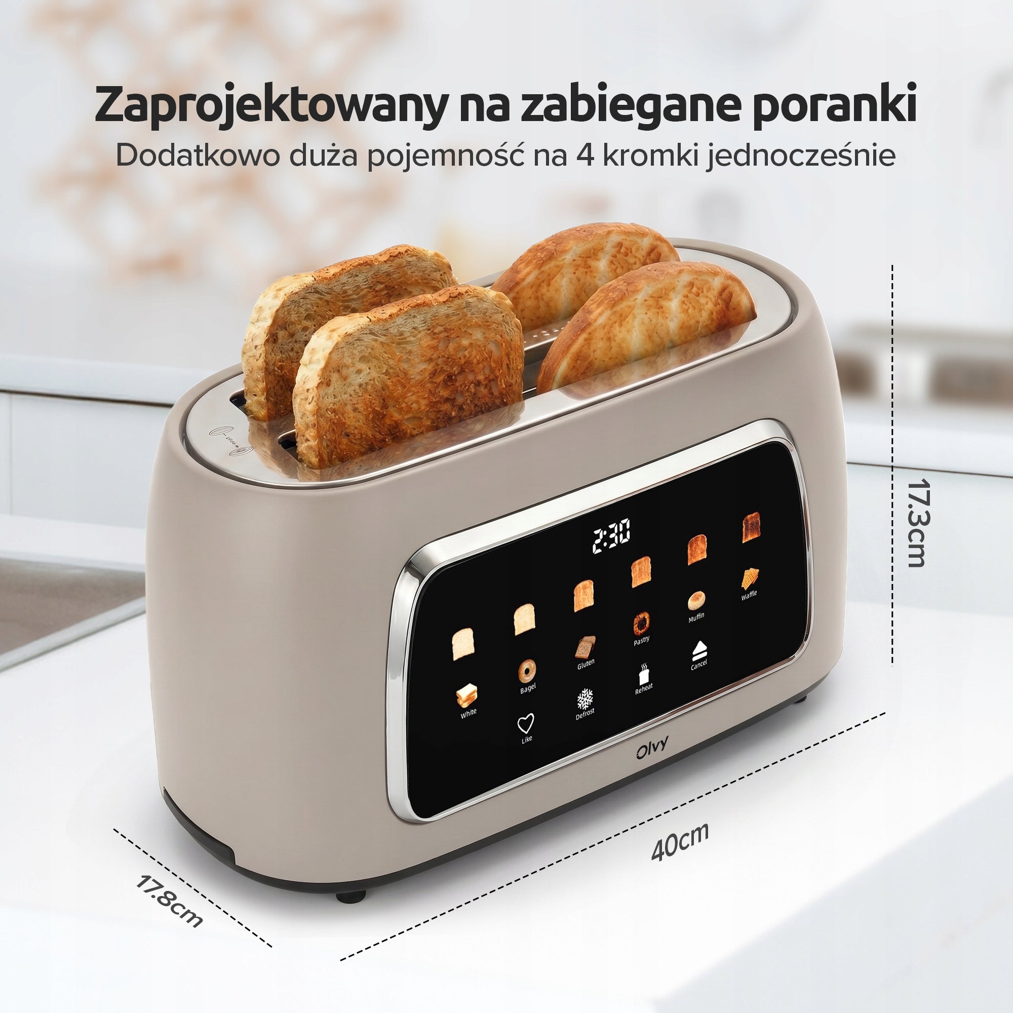Olvy Toster XL Beige 1500W 4 Kromki 6 Poziomów Opiekania LCD Manufacturer code T-40T