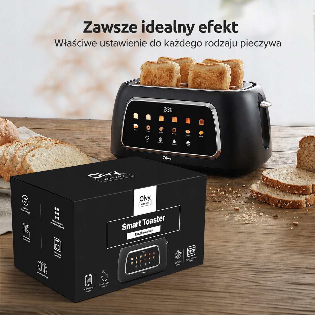 Olvy Toster XL Czarny 1500W 4 Kromki 6 Poziomów Opiekania LCD Brand Olvy