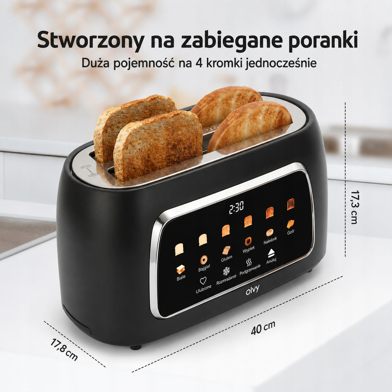 Olvy Toster XL Czarny 1500W 4 Kromki 6 Poziomów Opiekania LCD Manufacturer code T-40T