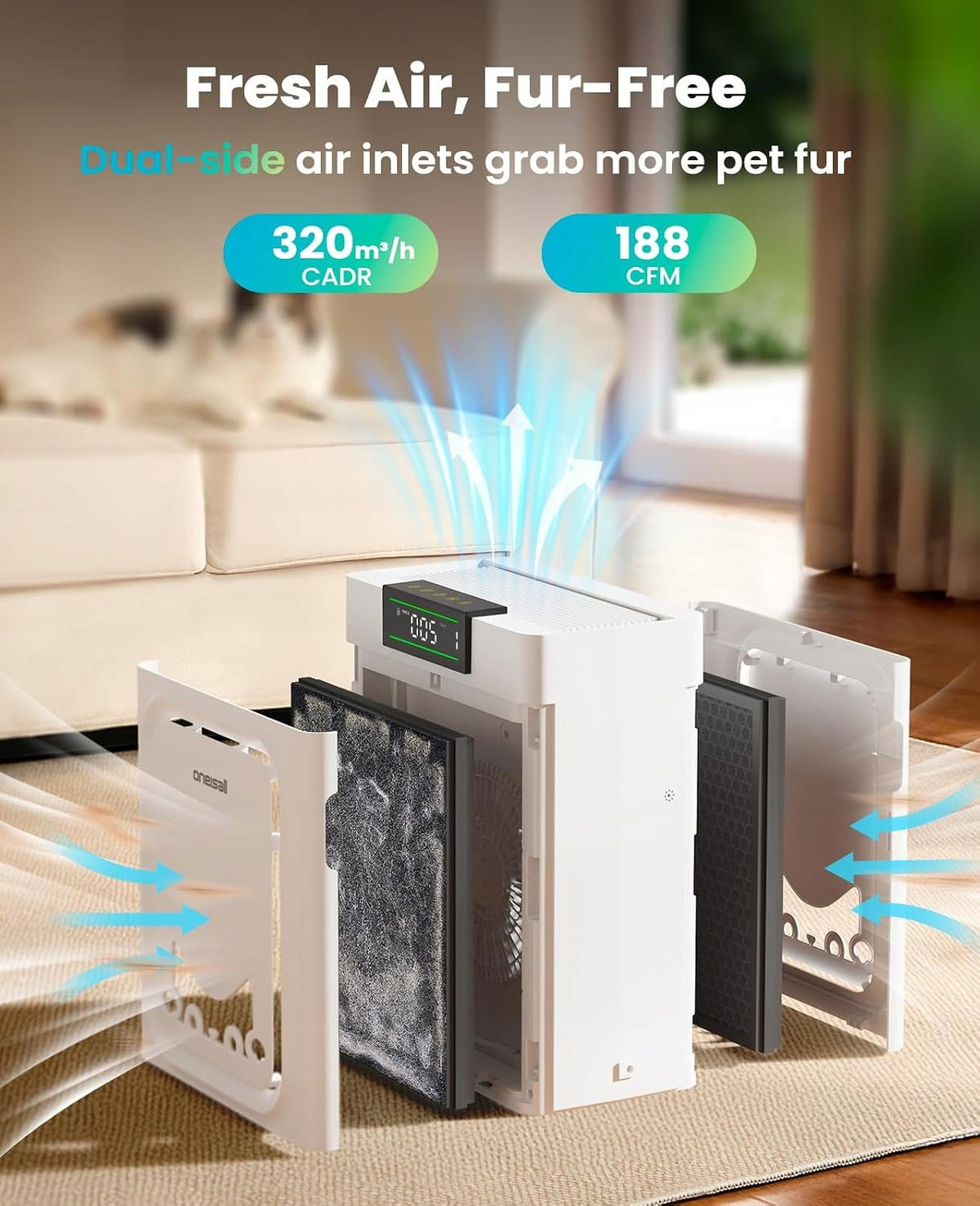 Oneisall Air Purifier Double Sided Quiet Pets Medical device no