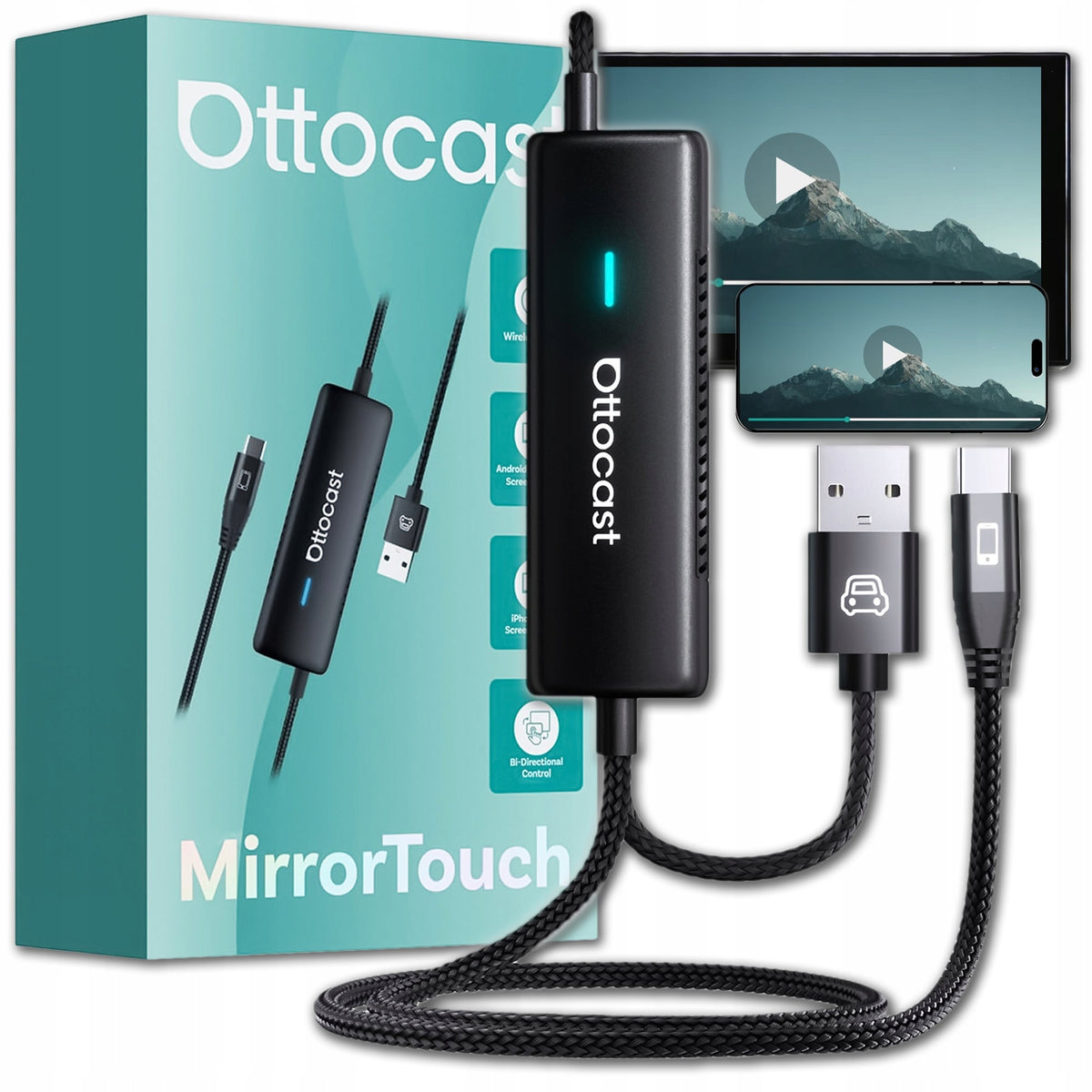 Ottocast Mirror Touch Wireless Car Play Android Dual Band Wi-Fi Adapter