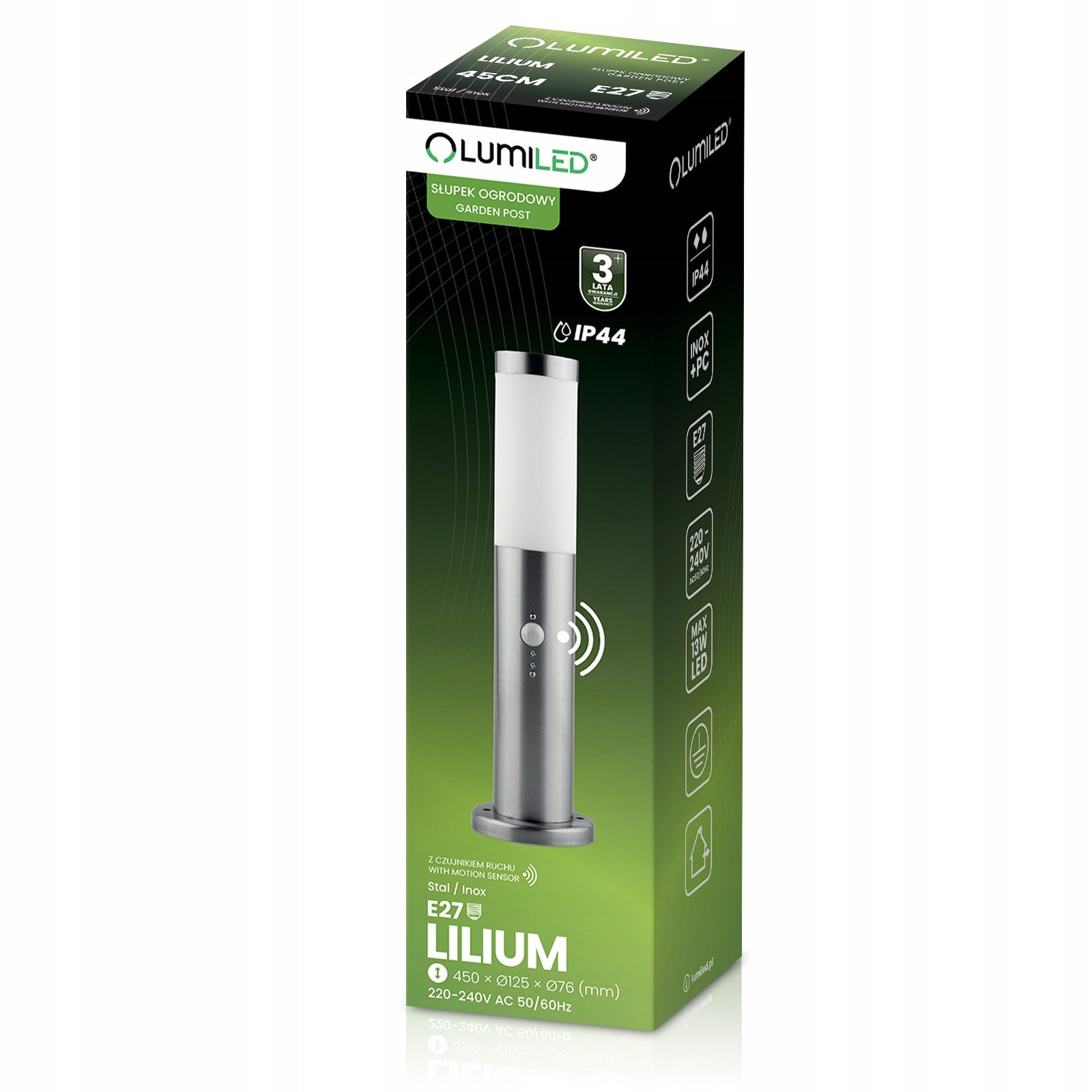 Outdoor Garden Lamp E27 Fixture Post Motion and TWILIGHT Sensor 45cm Brand Lumiled