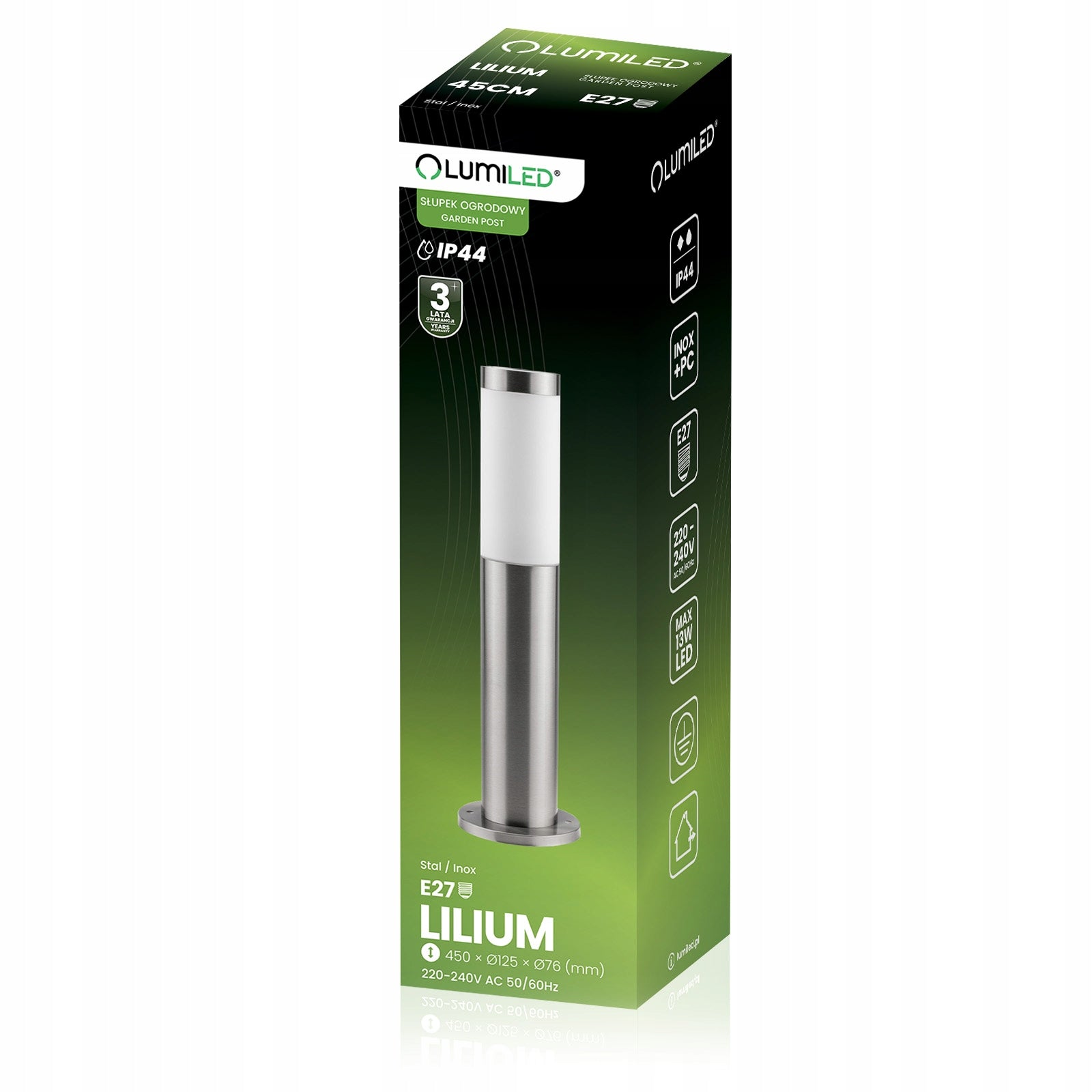 Outdoor Garden Lamp E27 INOX Garden POST 45cm Lantern for Garden Manufacturer code Słupek stojąca oprawa słup srebrny żarówka