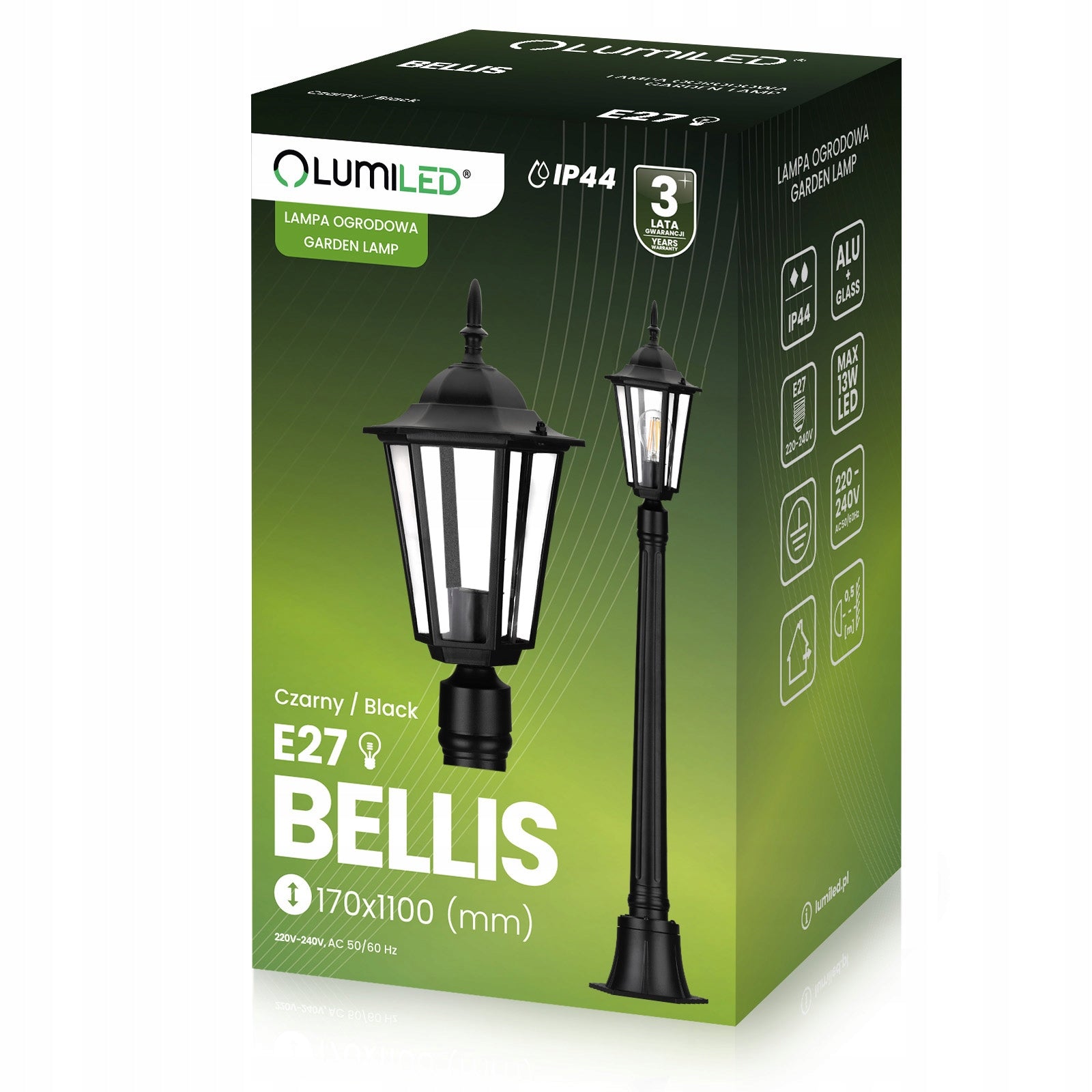 Outdoor Garden Lamp E27 IP44 POST LANTERN 100cm Black Aluminium Brand Lumiled