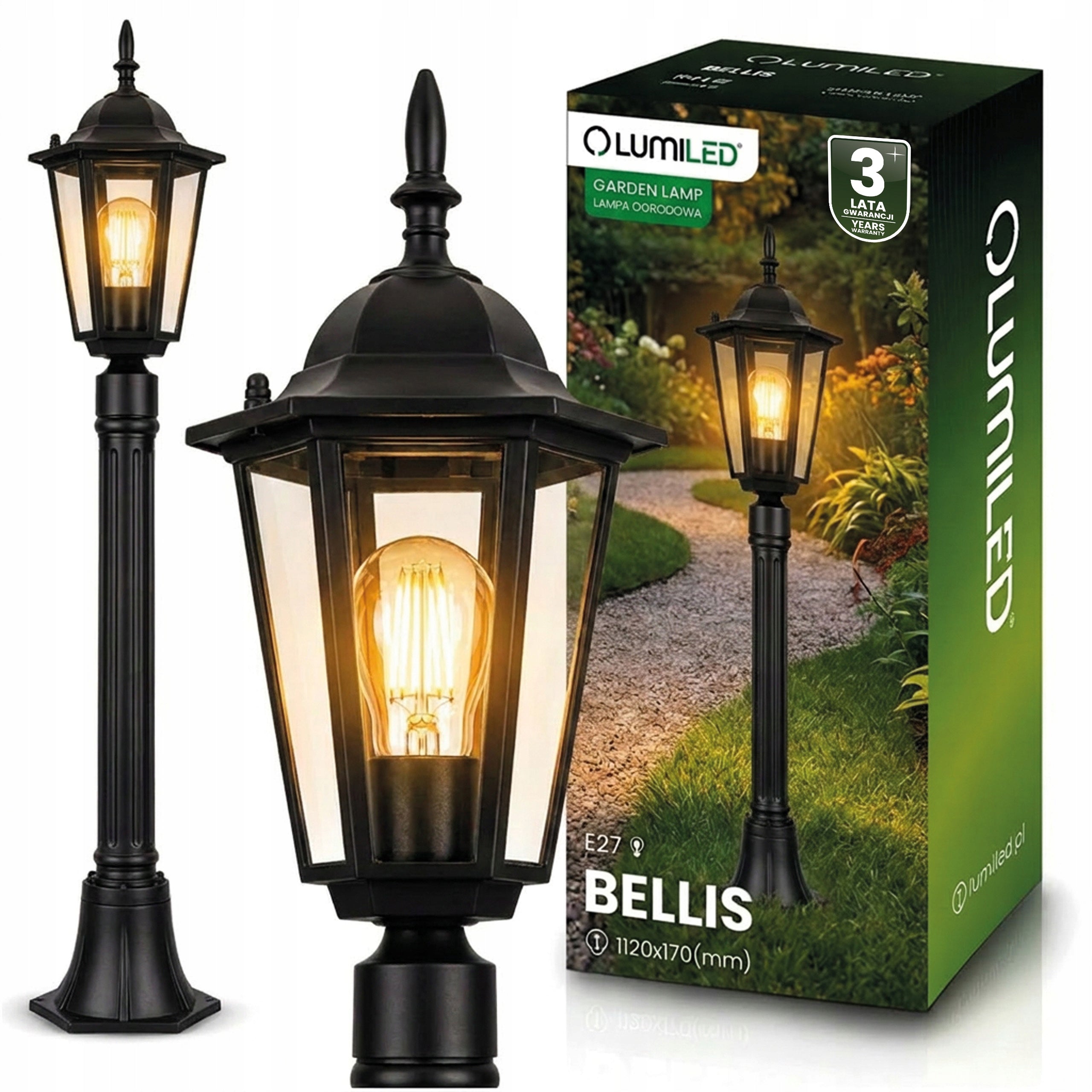 Outdoor Garden Lamp E27 IP44 POST LANTERN 100cm Black Aluminium