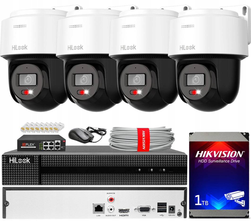 Outdoor Monitoring Kit 4 Cameras Rotary 4MPx HiLook Hikvision PoE