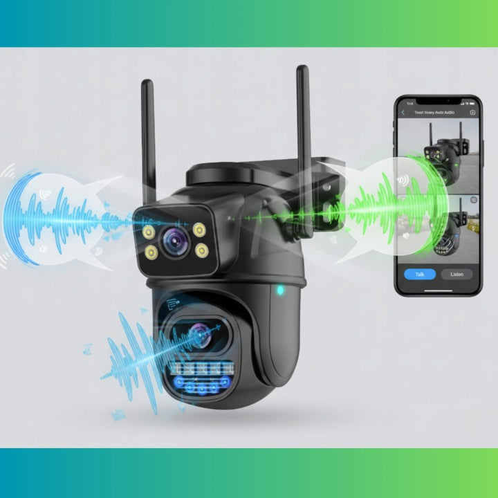 Outdoor Wifi Camera Rotating Dual 10 MP UHD 4K ZOOM Audio Tracking Batteries included no