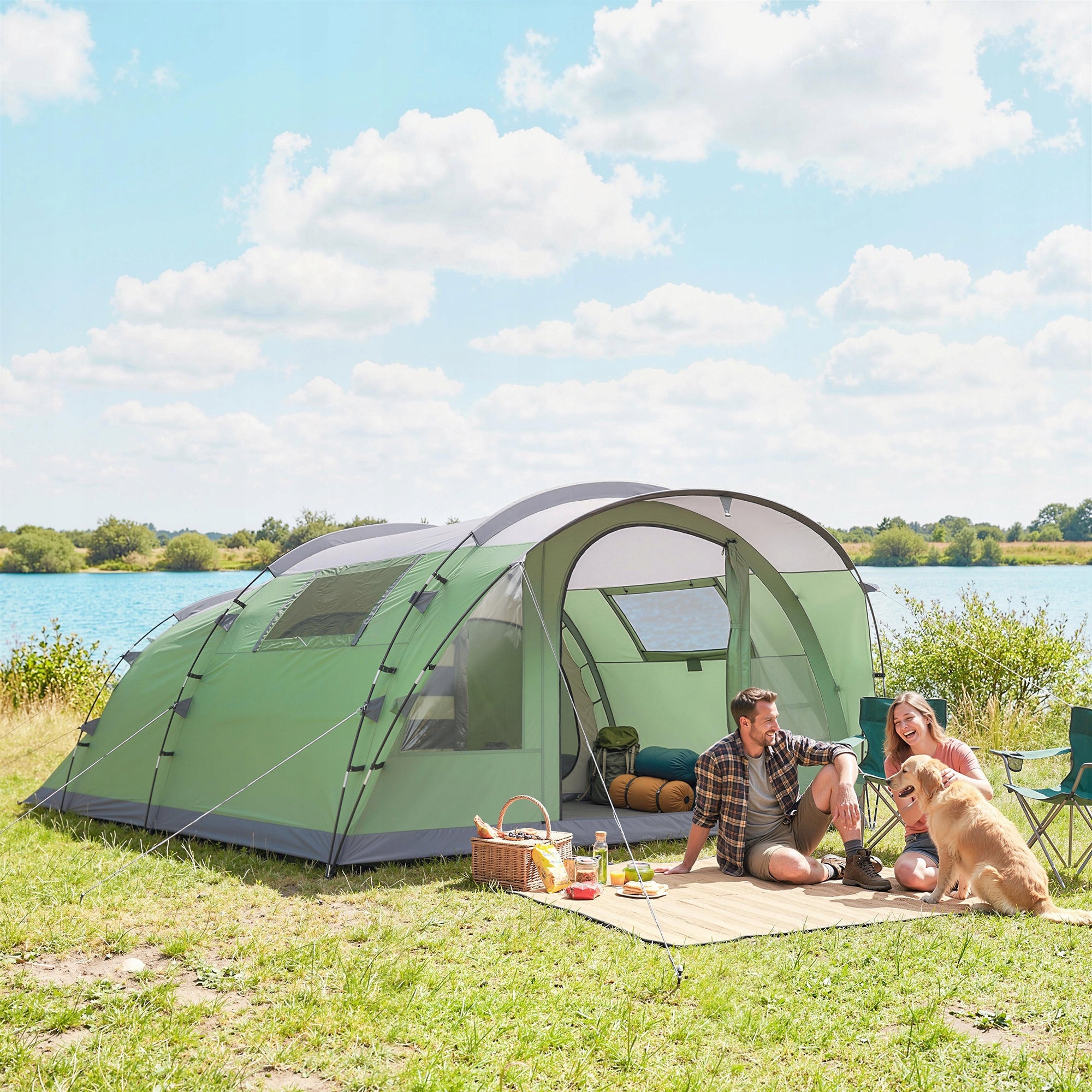 Outsunny 4-Person Family Tunnel Tent with 2 Bedrooms and 4 Windows Packaging status original