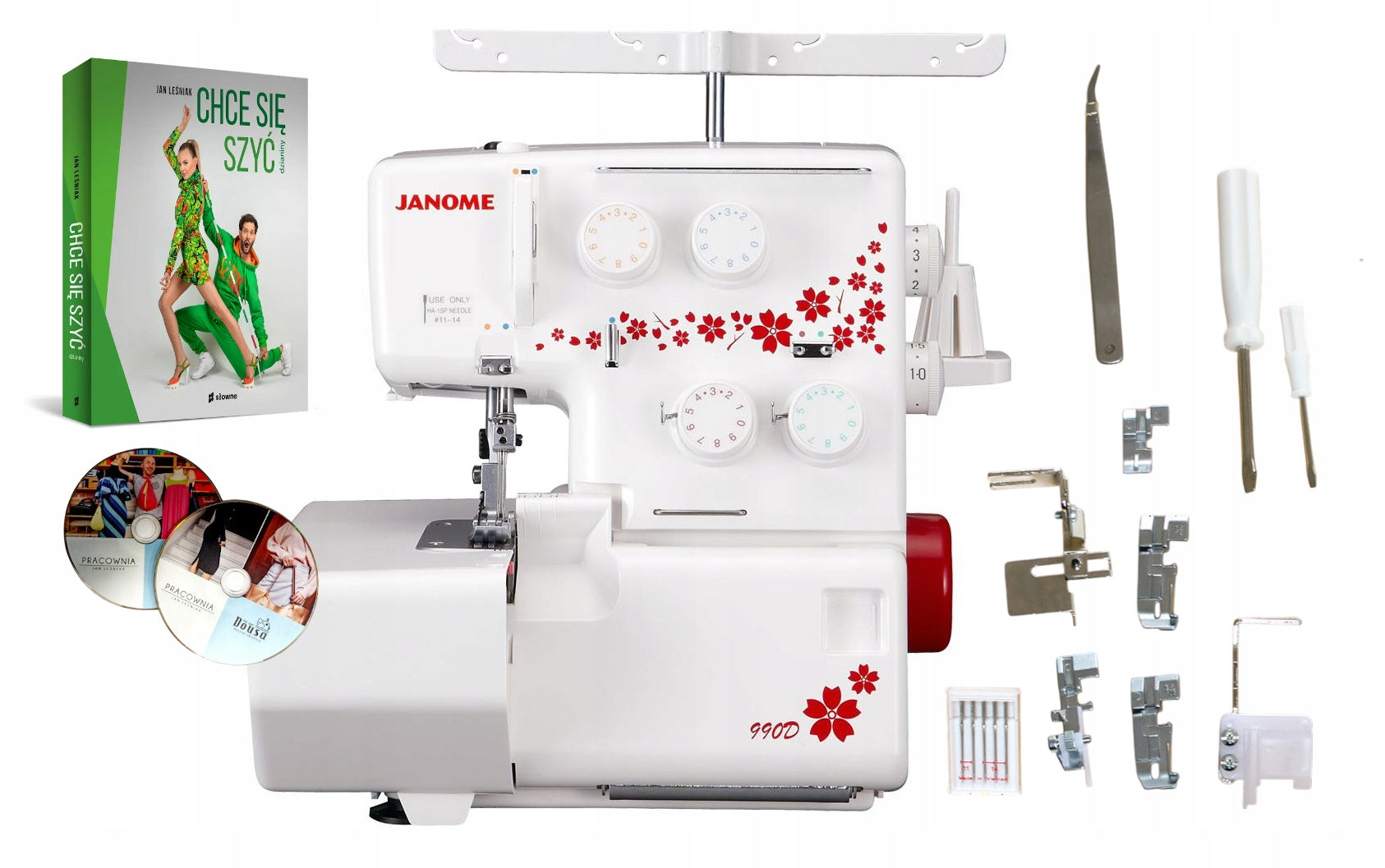 Overlock 4 thread Janome 990D with mere + 5 feet + sewing courses + BOOK