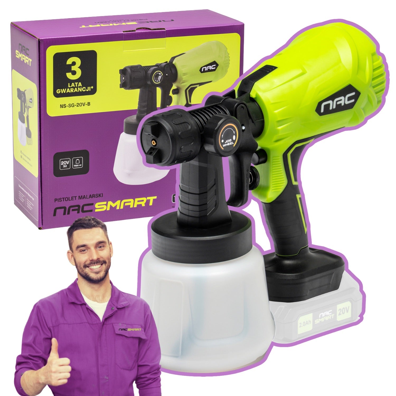 PAINT GUN BATTERY BODY 20V 1L 600ML/MIN + 3 NOZZLES NAC SMART
