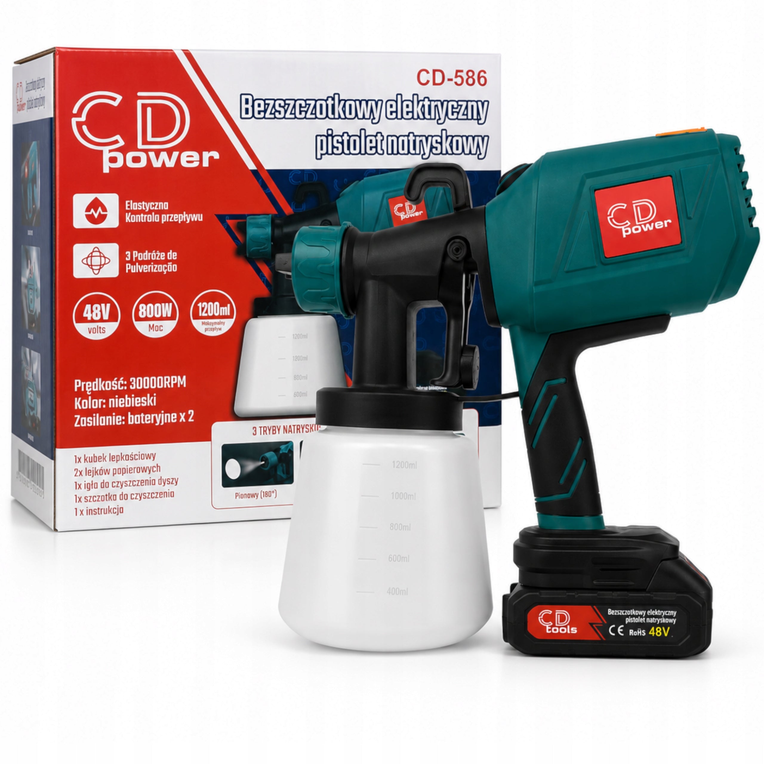 PAINT SPRAYER GUN FOR PAINTING WALLS BATTERY 800W 1200ML 3NOZZLES