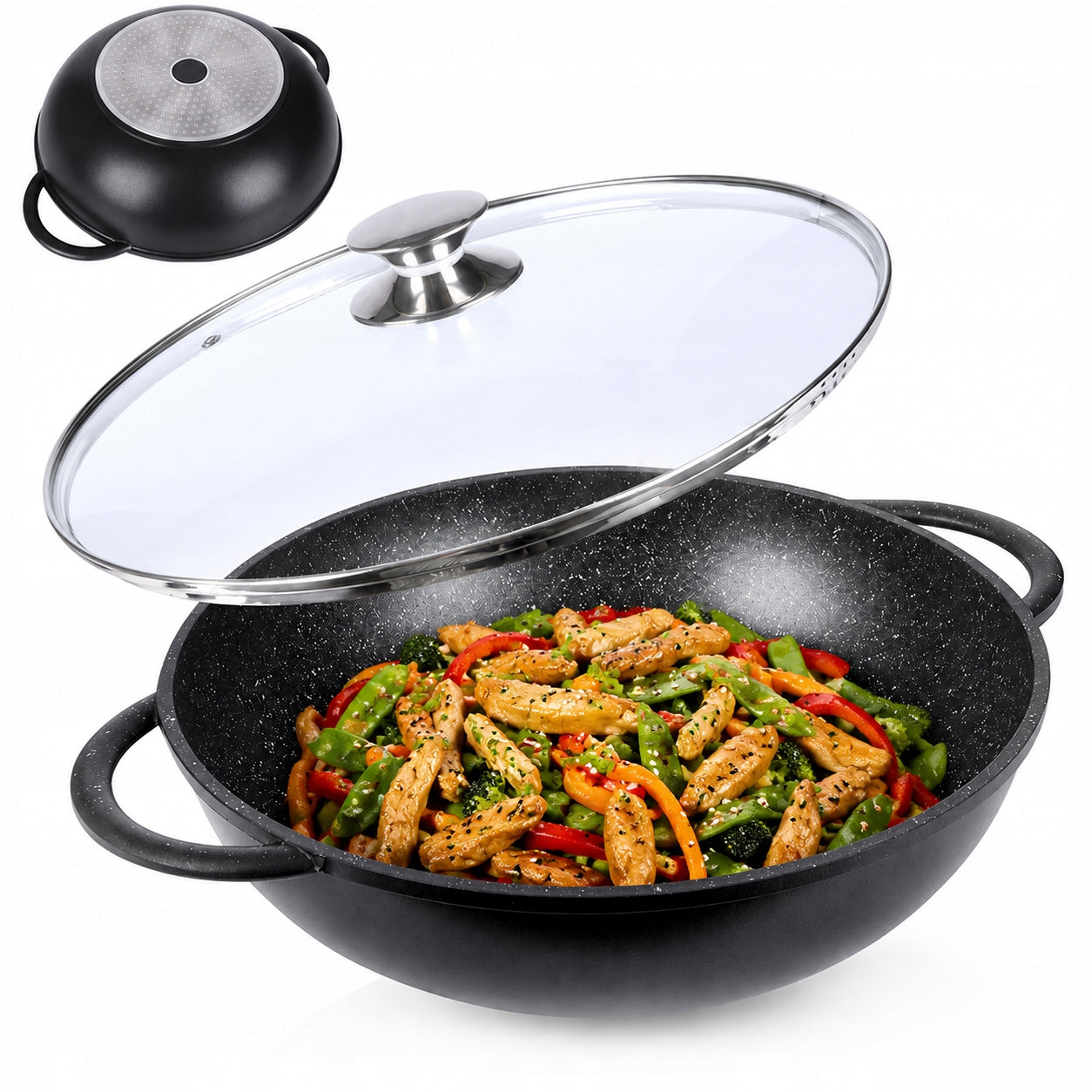PAN WOK 32 CM WITH LID AND EARS GRANITE INDUCTION