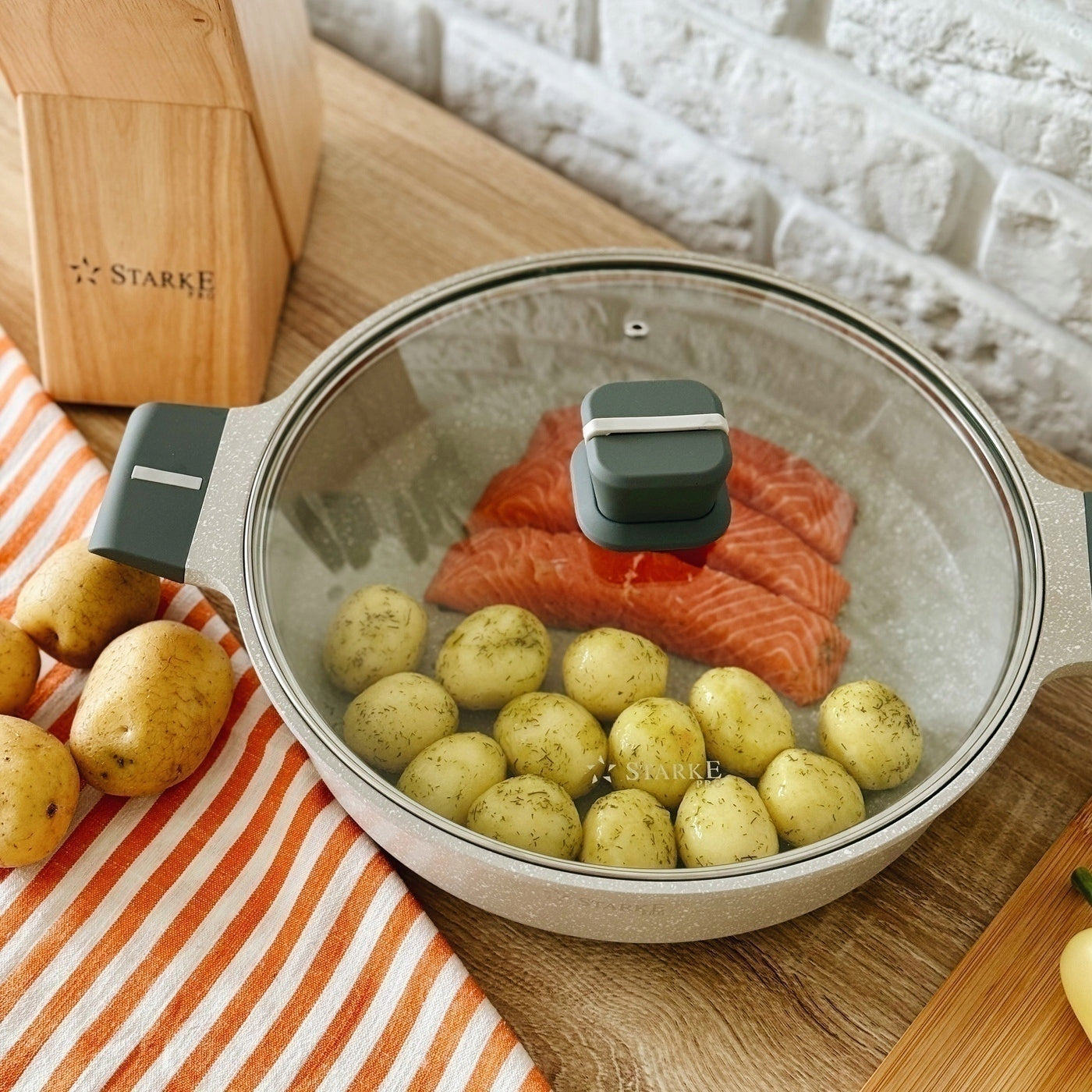 PAN with LID Large Induction SOLID Starke Pro Stoneware Marble 28 cm Brand Starke Pro