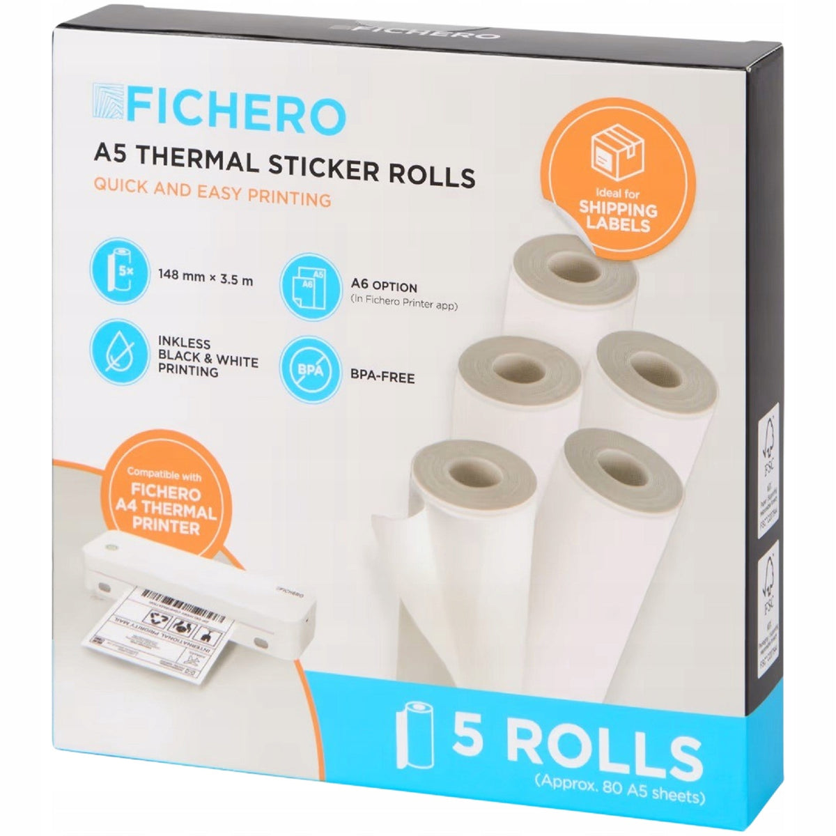 PAPER ROLLS THERMAL PRINTING SET A5 A6 148 mm x 3,5 m 5 PIECES FISCHERO