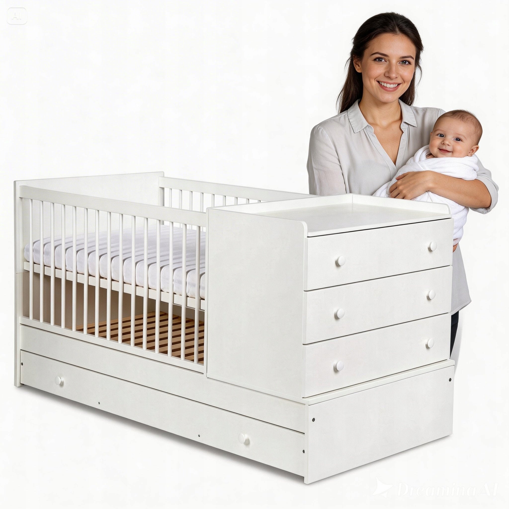 PAT BED BABY COT WITH CHEST OF DRAWERS DRAWER RUNGS 3IN1 WHITE