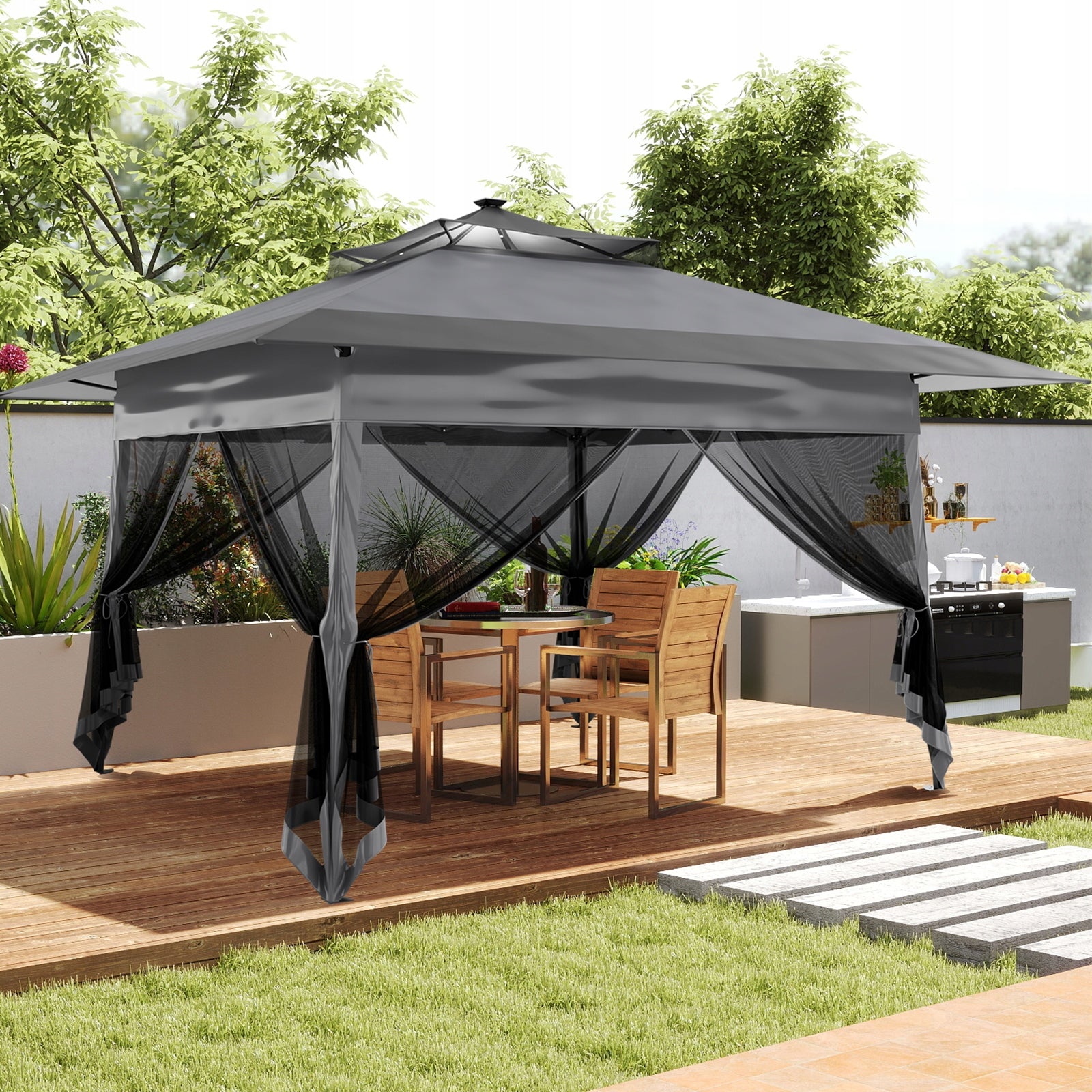 PAVILION CAMPING TENT GARDEN GAZEBO SOLAR LAMPS 3.6m x 3.6m Manufacturer code SD9006-GY-12B