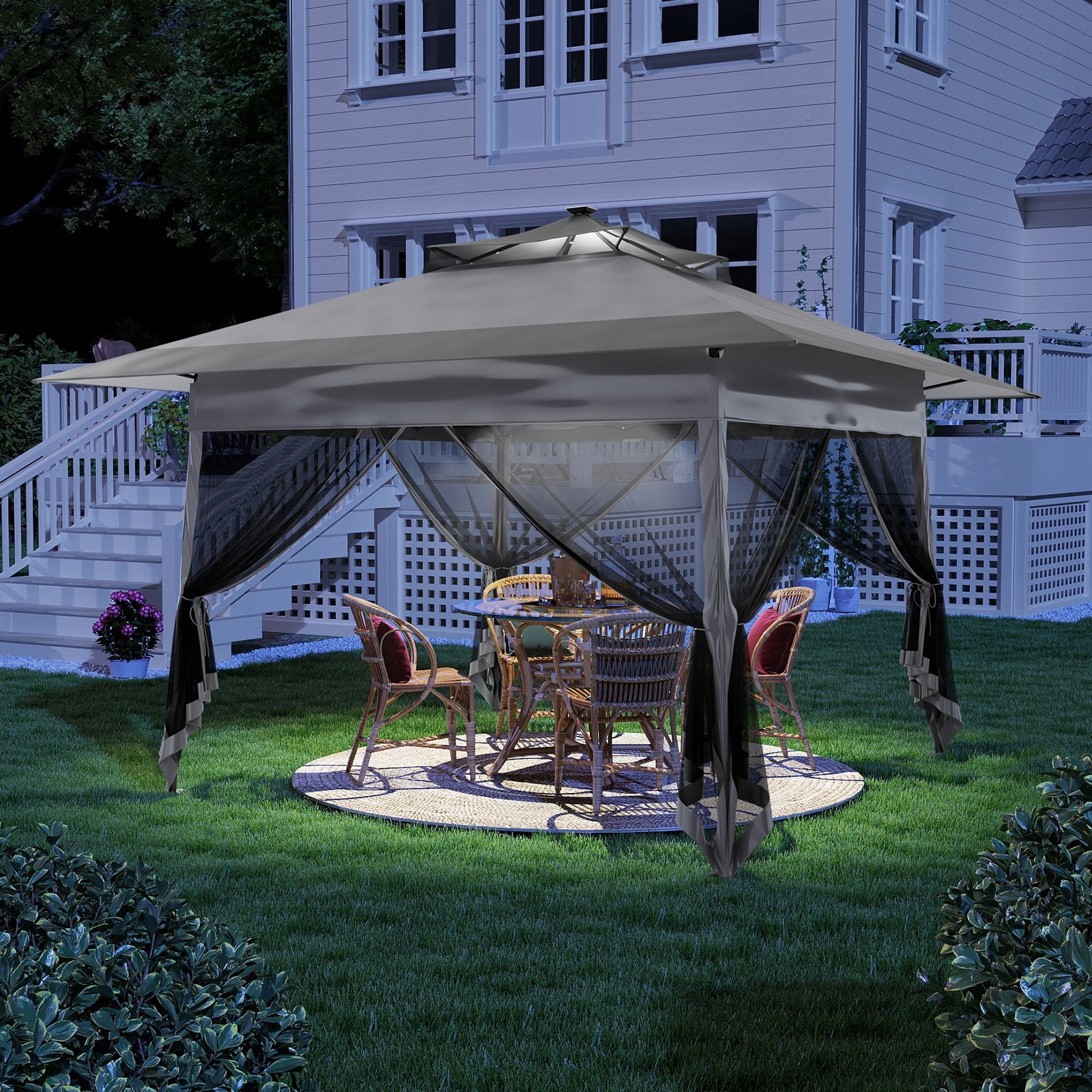 PAVILION CAMPING TENT GARDEN GAZEBO SOLAR LAMPS 3.6m x 3.6m Packaging status original