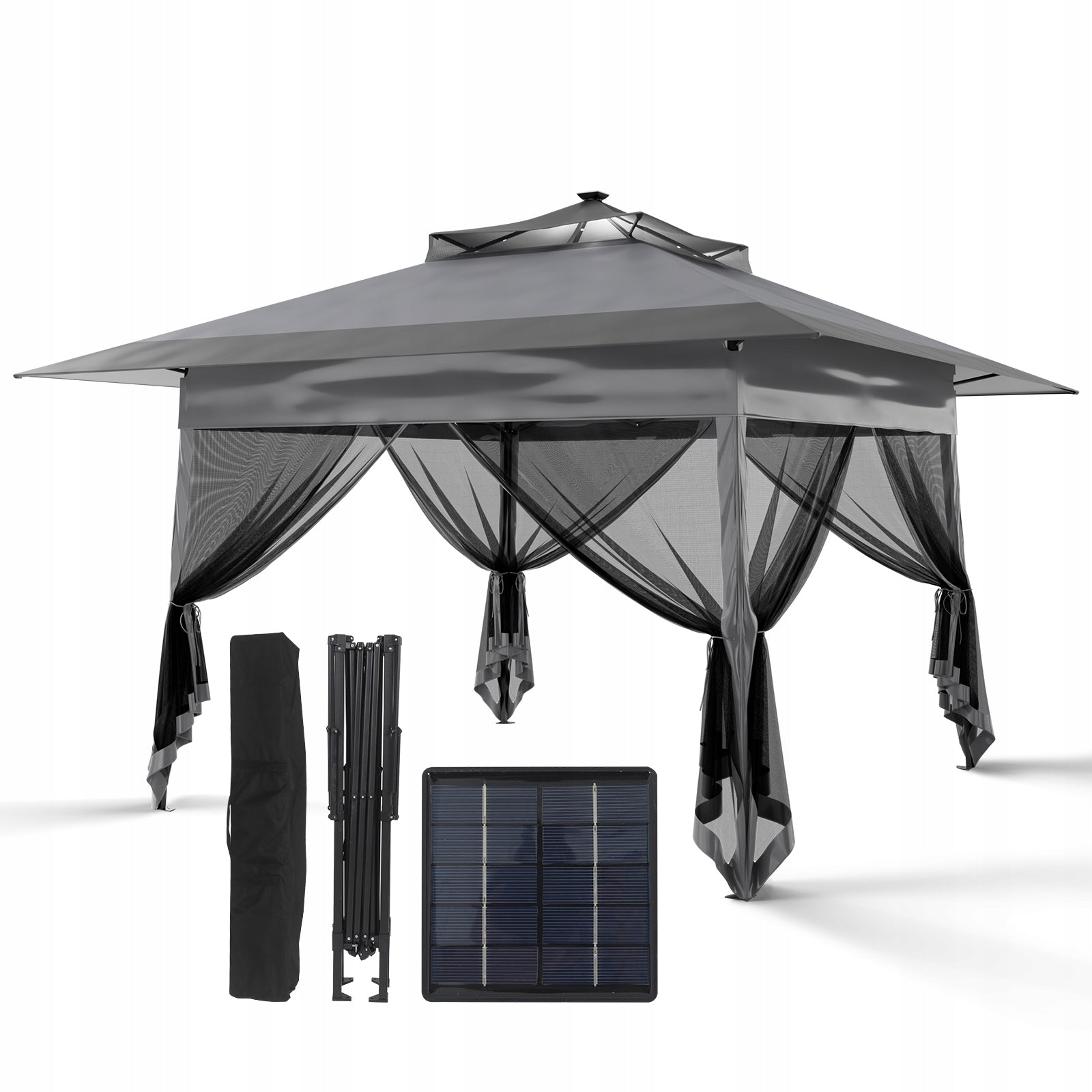 PAVILION CAMPING TENT GARDEN GAZEBO SOLAR LAMPS 3.6m x 3.6m