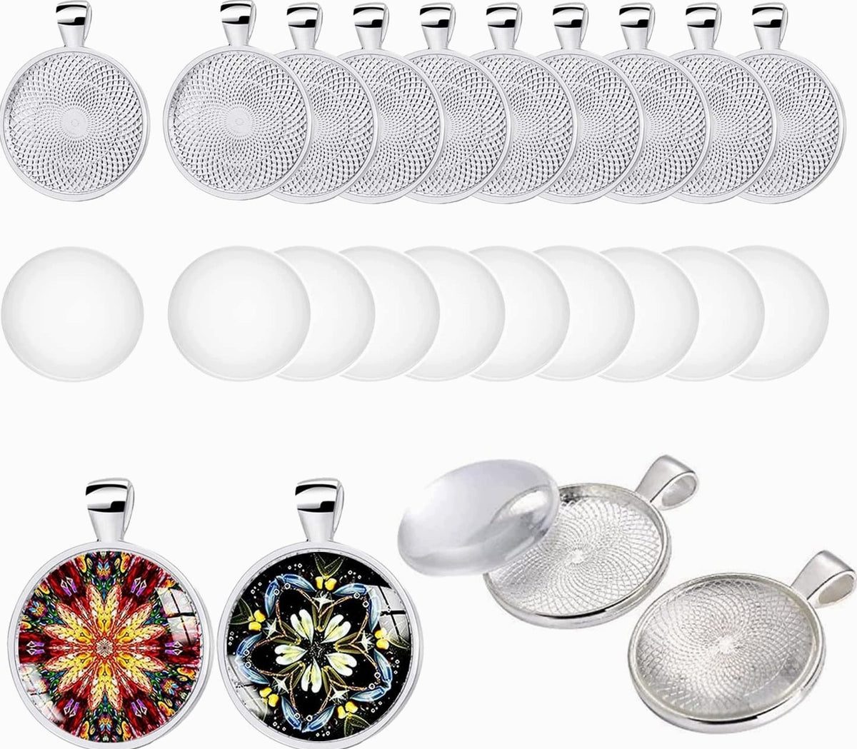 PENDANTS SET OF 25MM ROUND WITH CABOCHONS SILVER FOR JEWELRY
