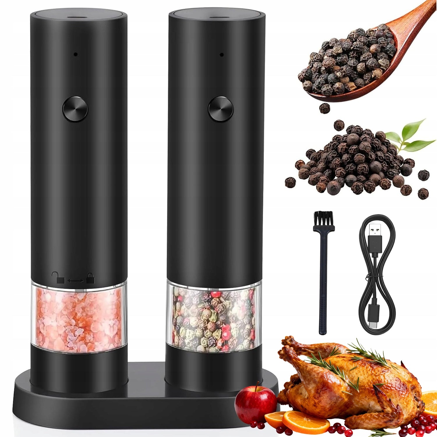 PEPPER AND SALT GRINDER ELECTRIC CORDLESS 2 PCS USB WITH STAND