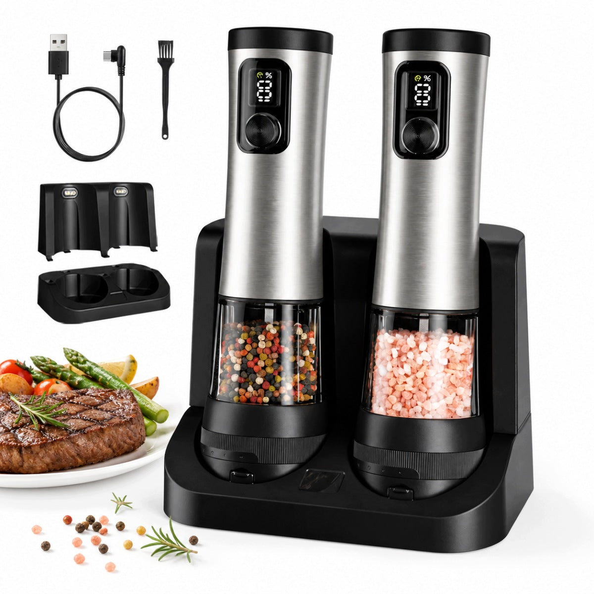 PEPPER AND SALT GRINDER ELECTRIC CORDLESS USB SALT GRINDER 2 PCS