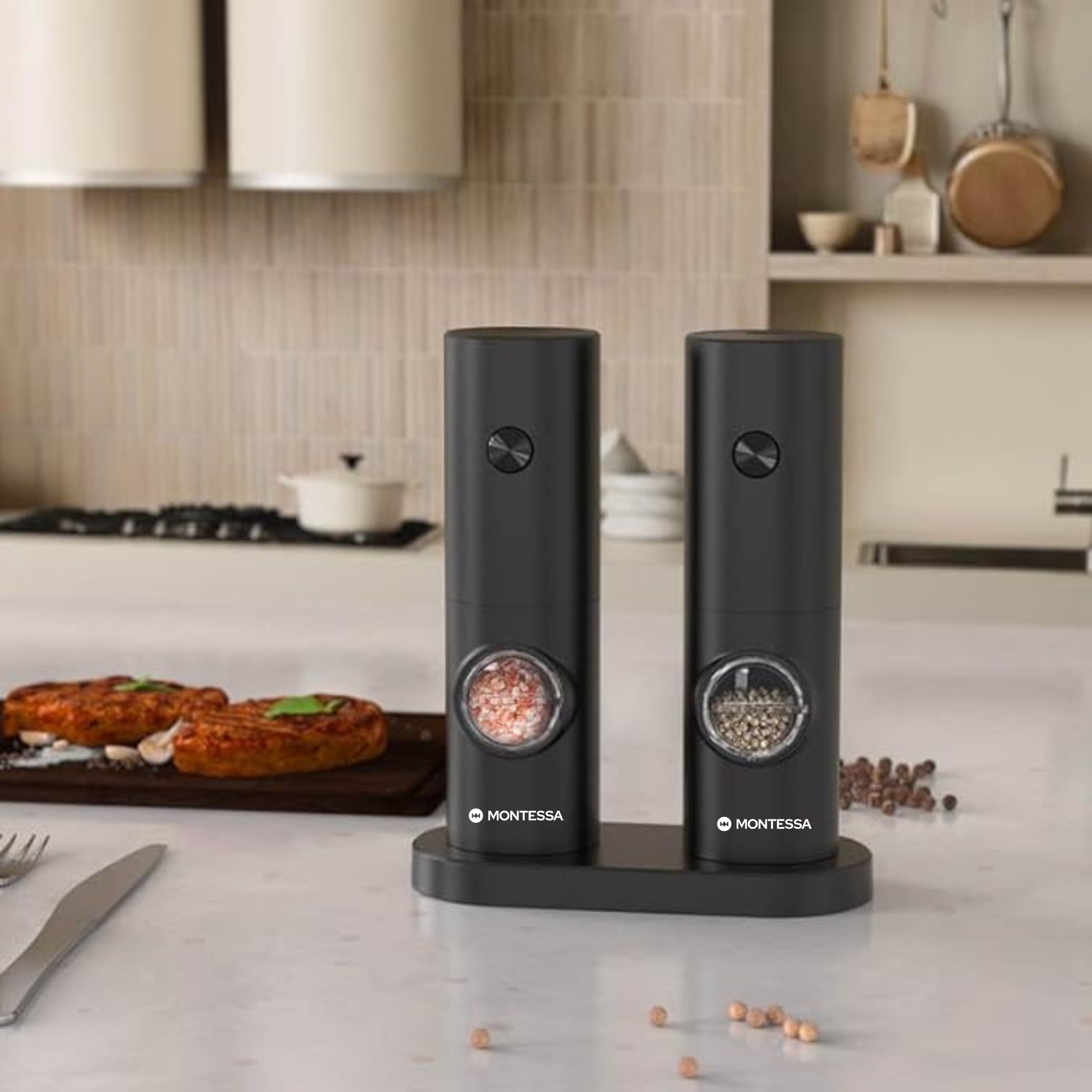 PEPPER AND SALT GRINDER ELECTRIC SET OF 2 PCS CLEANER STAND MONTESSA Diameter 7.3 cm