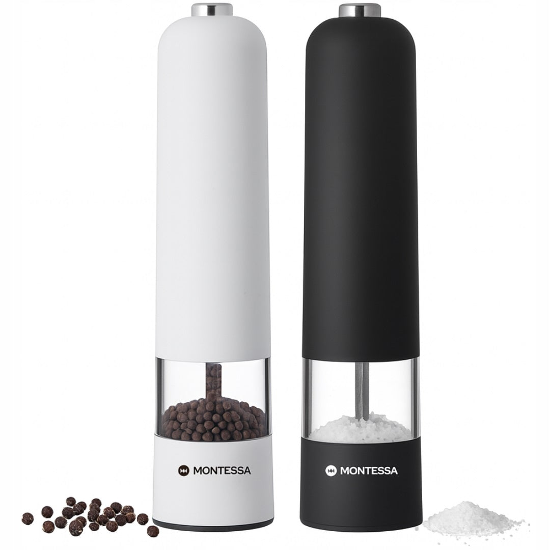 PEPPER AND SALT GRINDERS ELECTRIC SET BLACK WHITE 2 PCS MONTESSA Brand Montessa