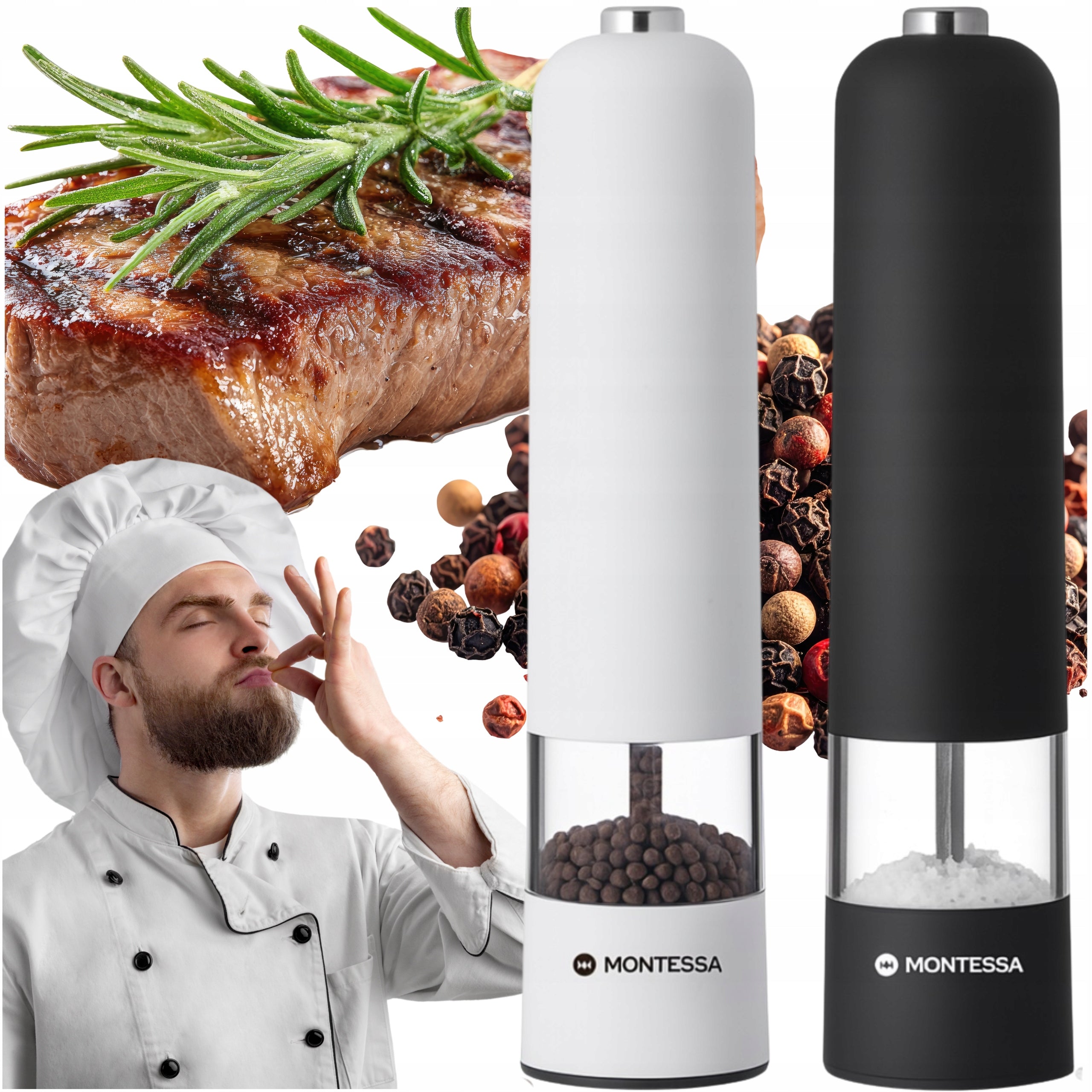 PEPPER AND SALT GRINDERS ELECTRIC SET BLACK WHITE 2 PCS MONTESSA